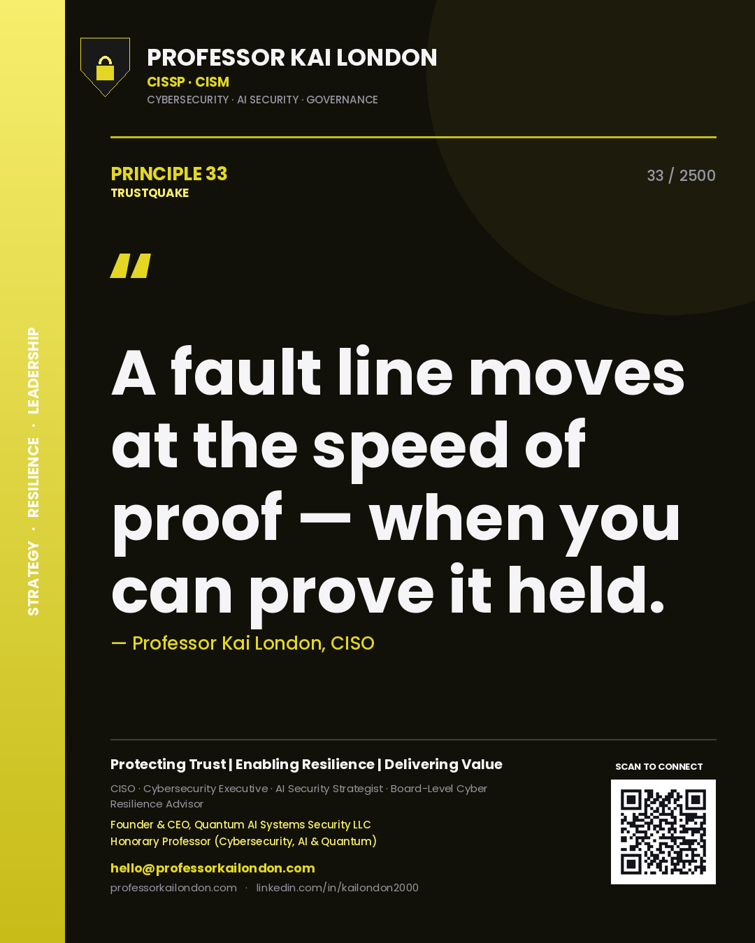 Professor Kai London principle 33: A fault line moves at the speed of proof — when you can prove it held.