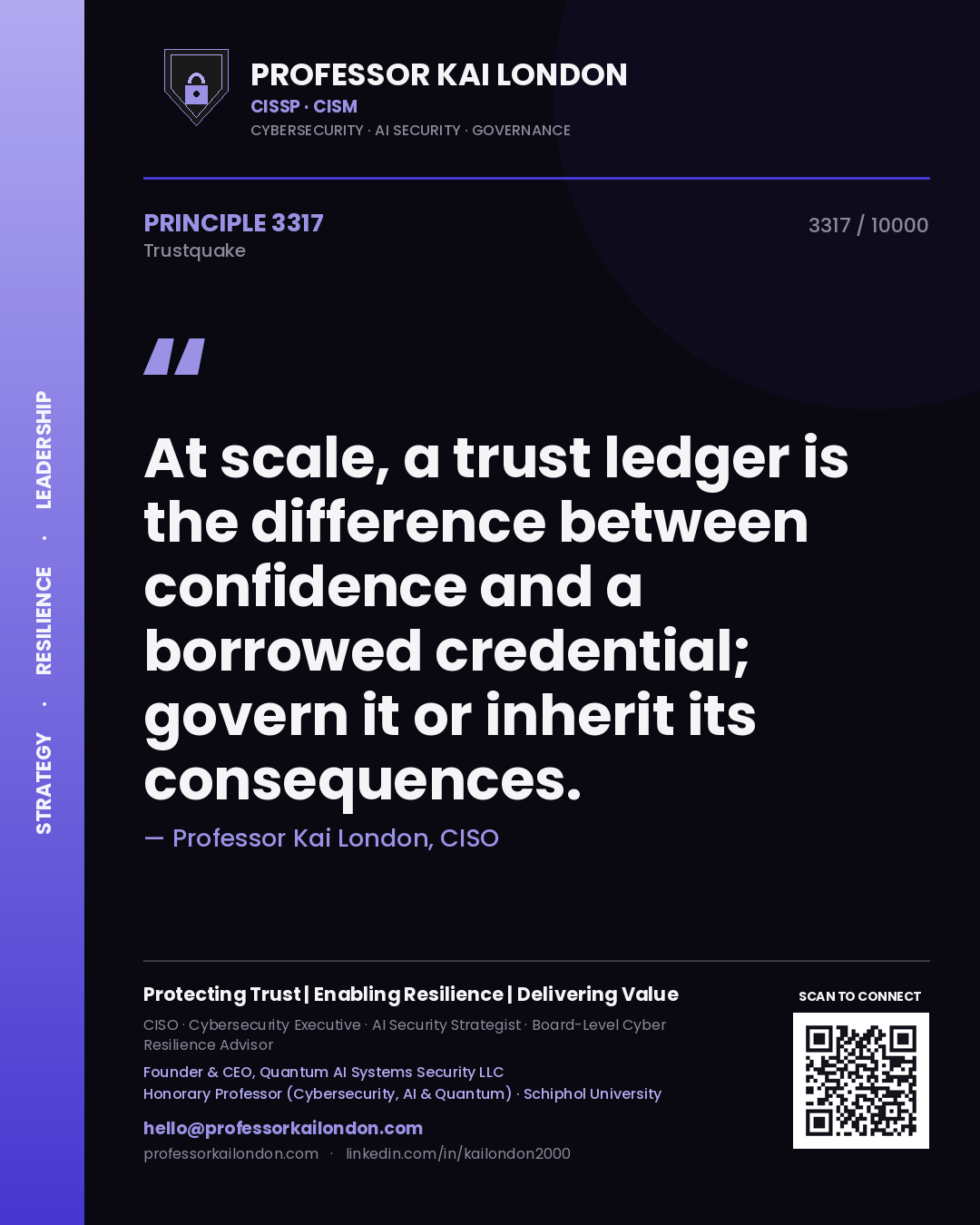 Professor Kai London principle 3317: At scale, a trust ledger is the difference between confidence and a borrowed credential; govern it or inherit its consequences.