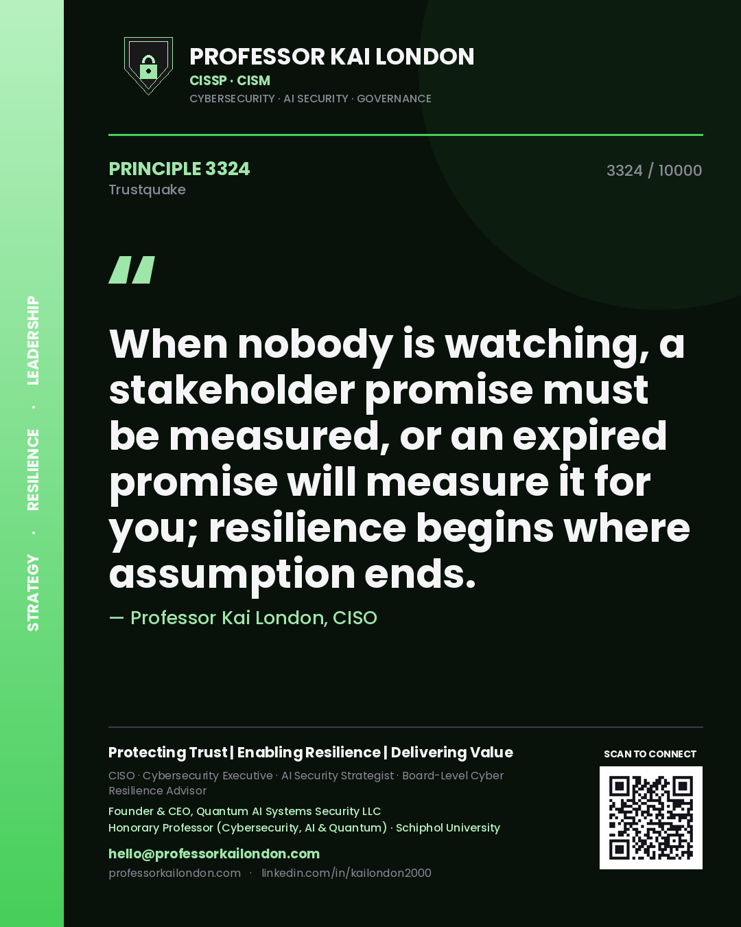 Professor Kai London principle 3324: When nobody is watching, a stakeholder promise must be measured, or an expired promise will measure it for you; resilience begins where assumption ends.
