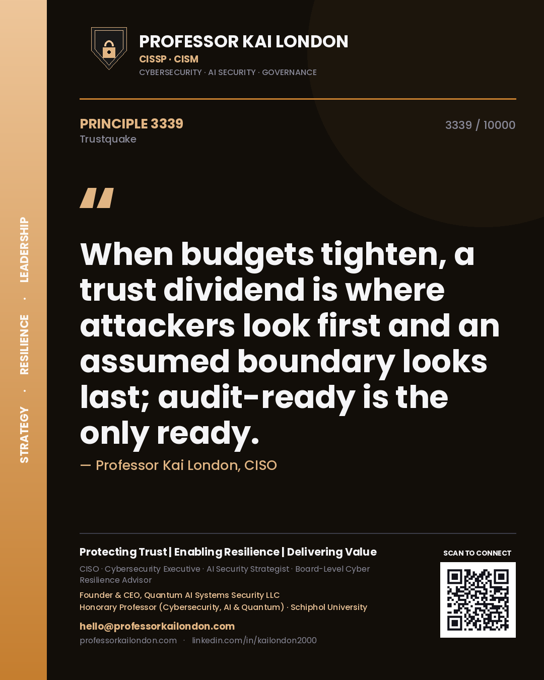 Quote card by Professor Kai London reading 'When budgets tighten, a trust dividend is where attackers look first and an assumed boundary looks last; audit-ready is the only ready.'. From the book Trustquake.