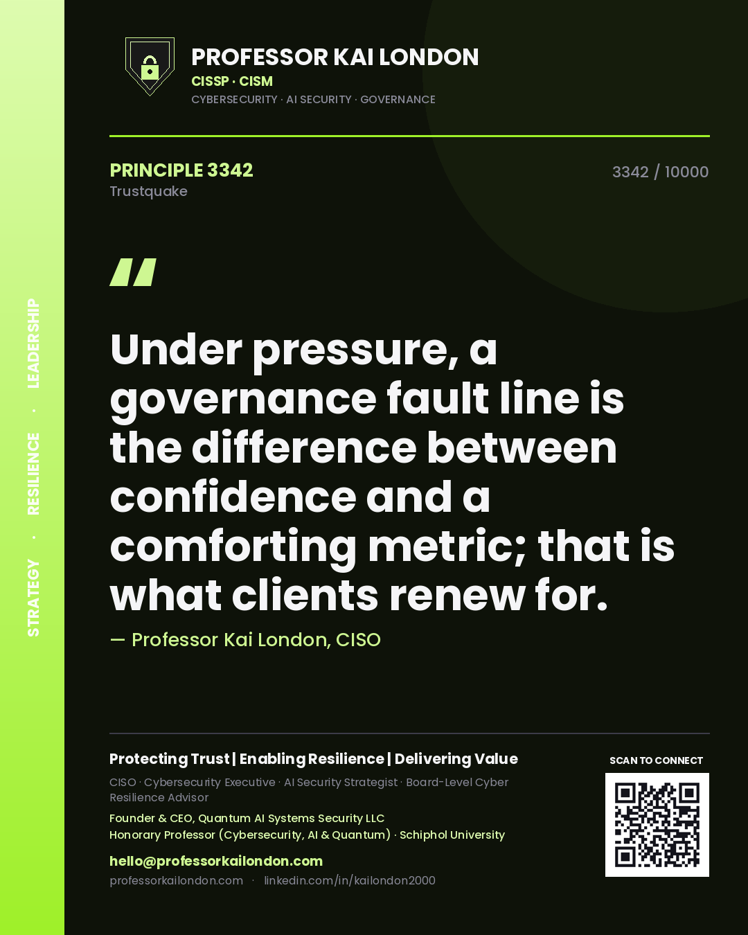 Professor Kai London principle 3342: Under pressure, a governance fault line is the difference between confidence and a comforting metric; that is what clients renew for.