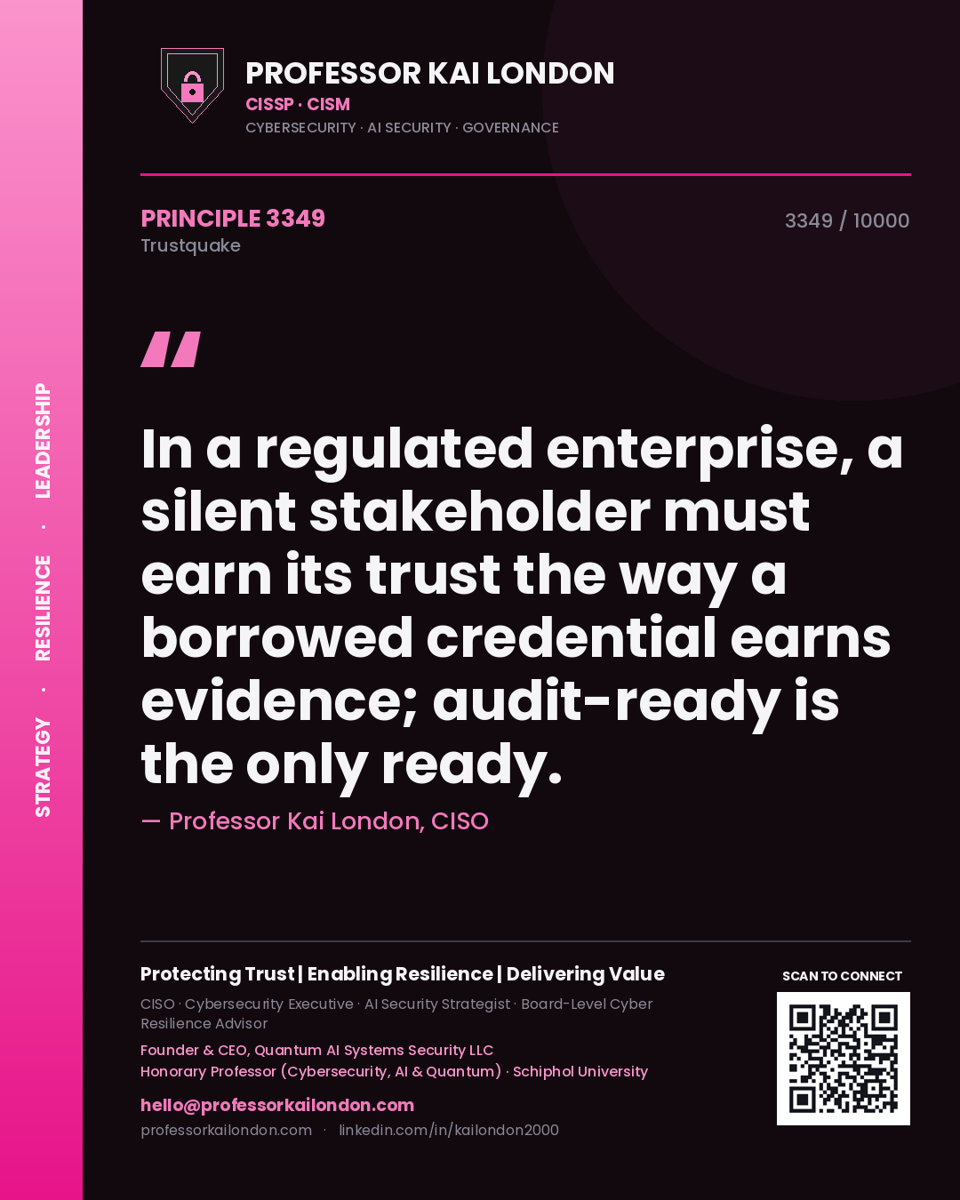Professor Kai London principle 3349: In a regulated enterprise, a silent stakeholder must earn its trust the way a borrowed credential earns evidence; audit-ready is the only ready.