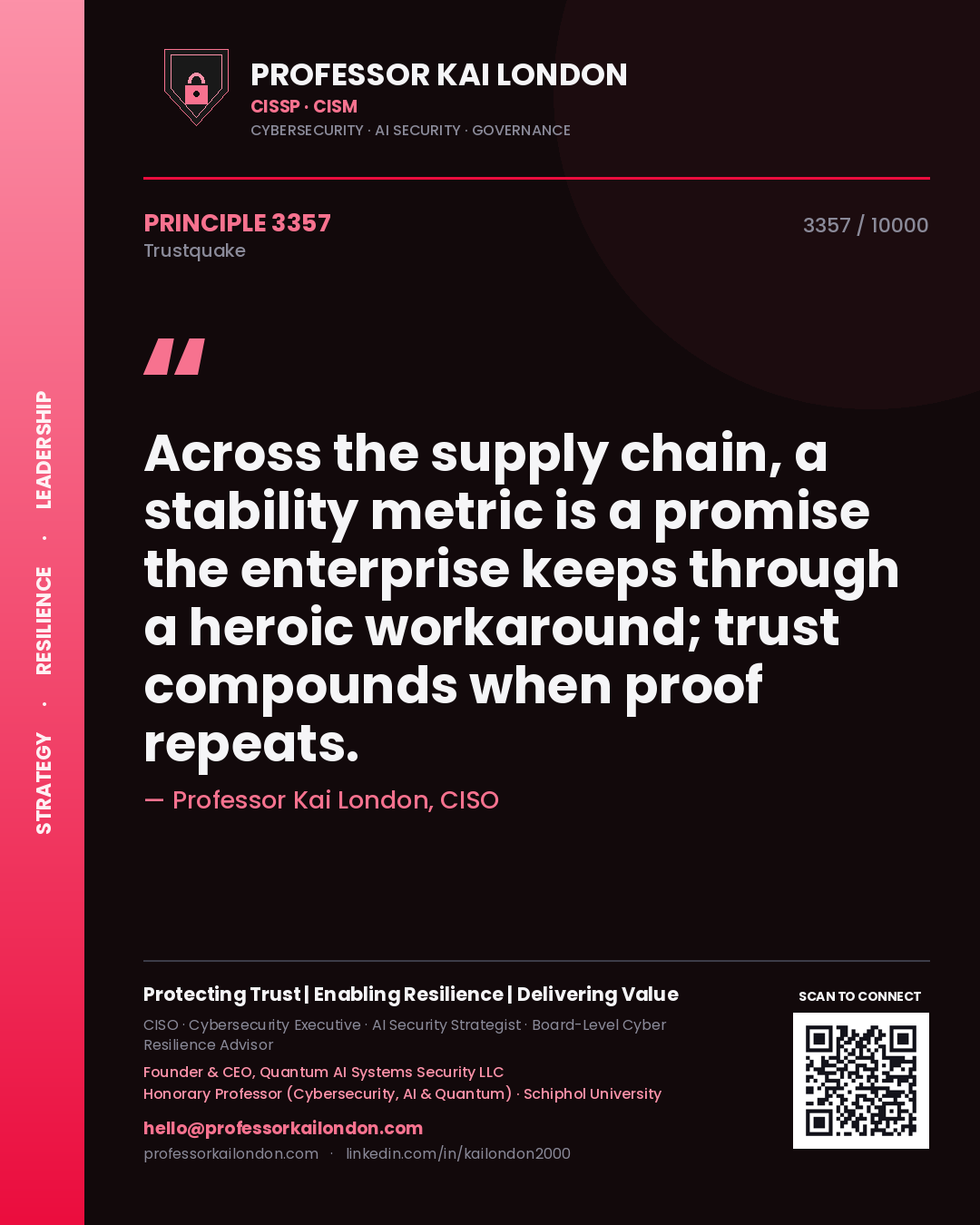 Professor Kai London principle 3357: Across the supply chain, a stability metric is a promise the enterprise keeps through a heroic workaround; trust compounds when proof repeats.