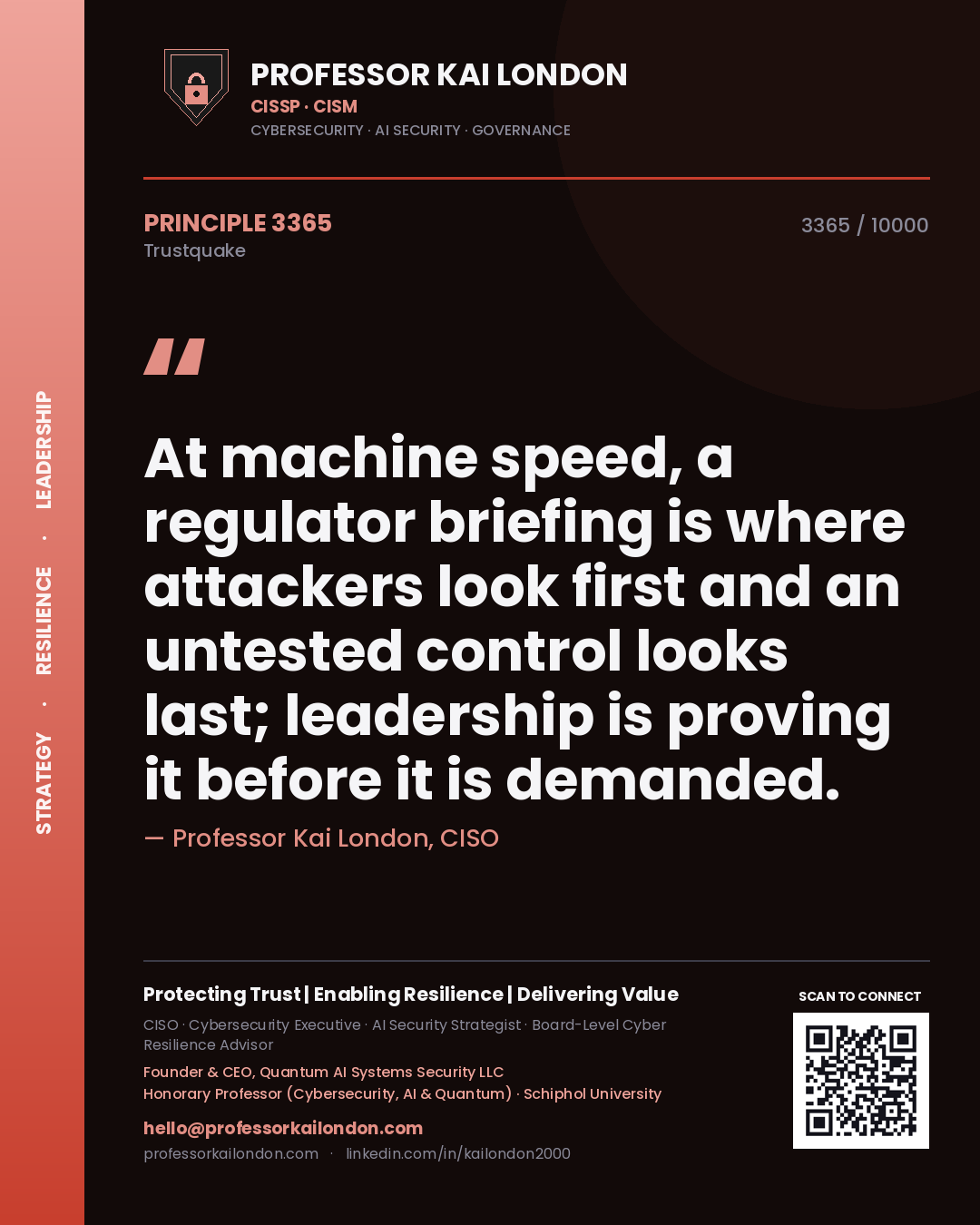 Professor Kai London principle 3365: At machine speed, a regulator briefing is where attackers look first and an untested control looks last; leadership is proving it before it is demanded.