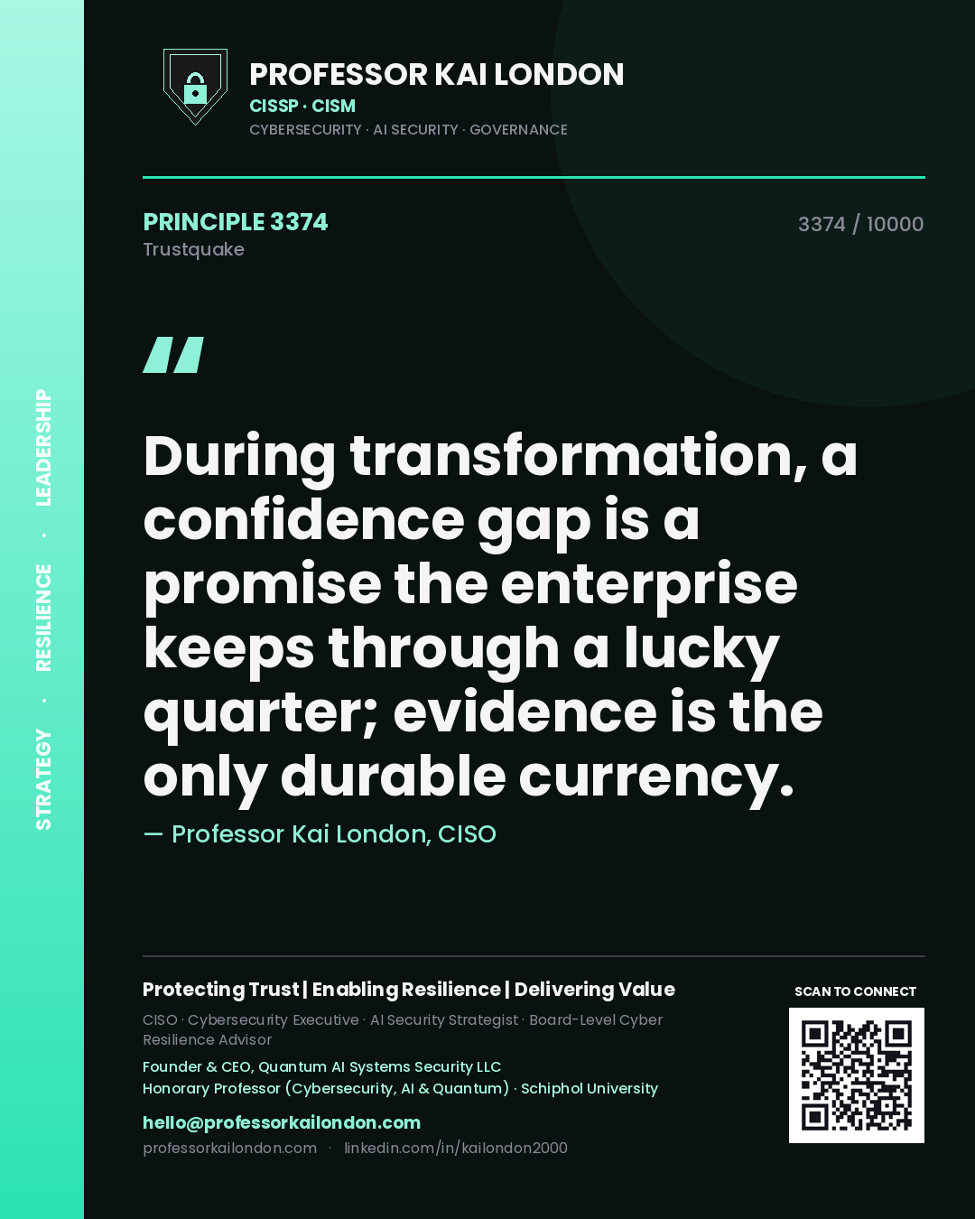 Professor Kai London principle 3374: During transformation, a confidence gap is a promise the enterprise keeps through a lucky quarter; evidence is the only durable currency.