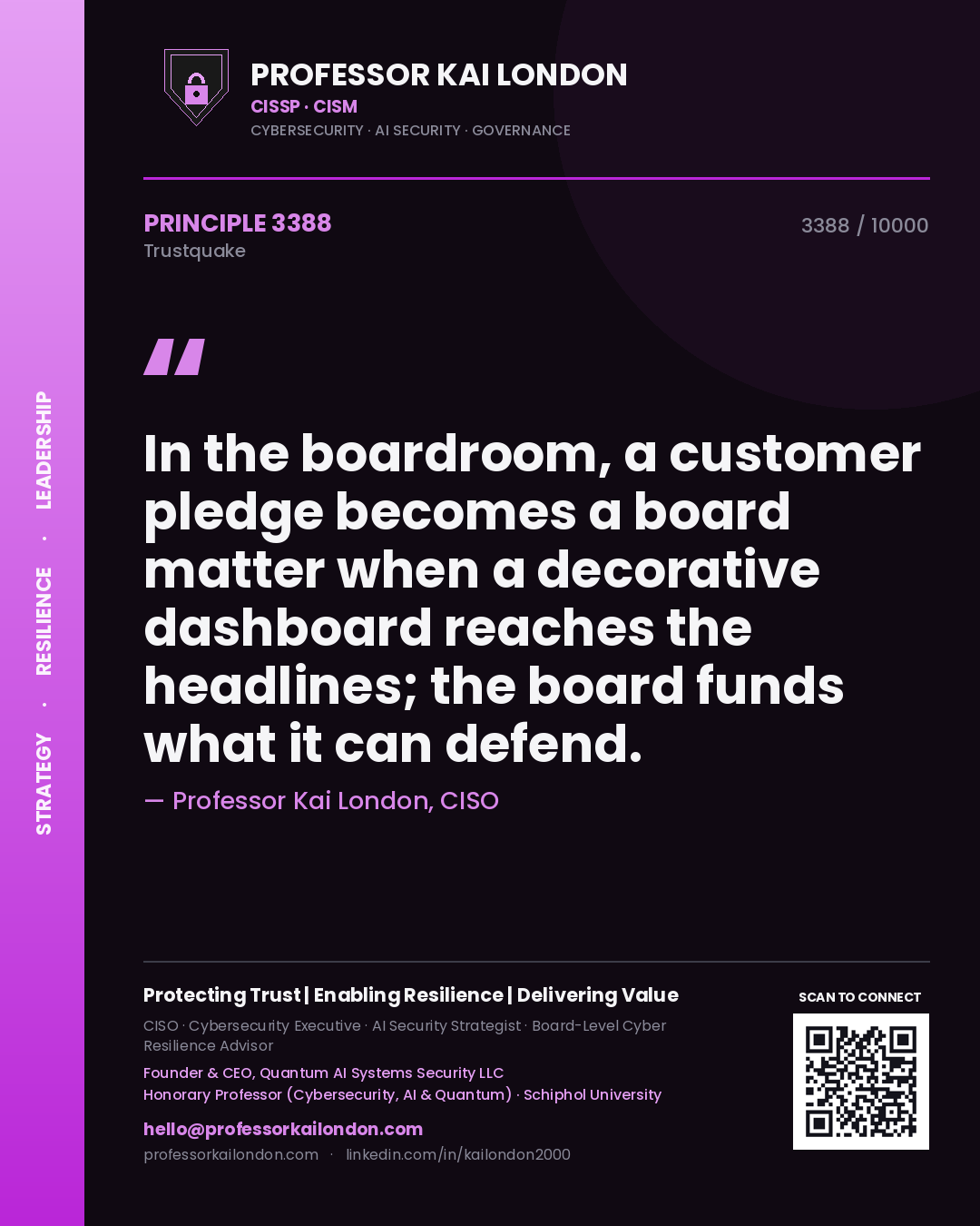 Quote card by Professor Kai London reading 'In the boardroom, a customer pledge becomes a board matter when a decorative dashboard reaches the headlines; the board funds what it can defend.'. From the book Trustquake.
