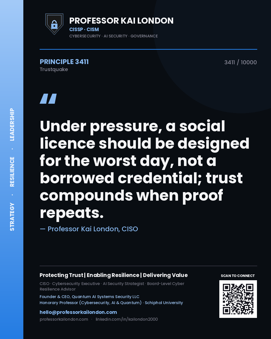 Professor Kai London principle 3411: Under pressure, a social licence should be designed for the worst day, not a borrowed credential; trust compounds when proof repeats.