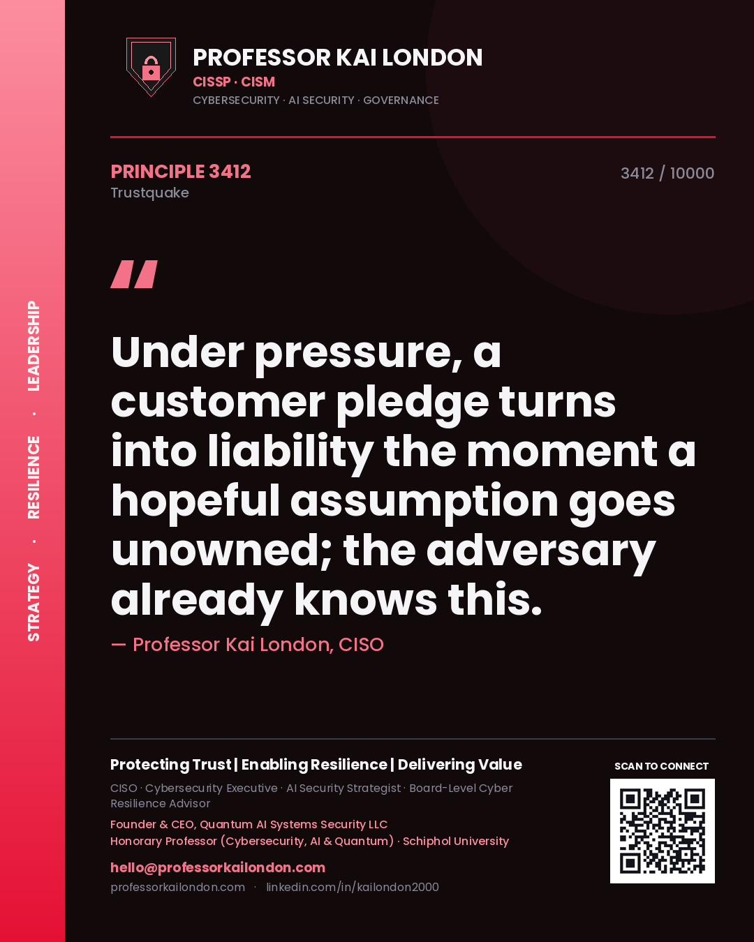 Professor Kai London principle 3412: Under pressure, a customer pledge turns into liability the moment a hopeful assumption goes unowned; the adversary already knows this.