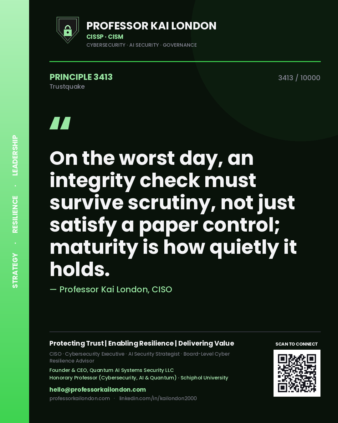 Quote card by Professor Kai London reading 'On the worst day, an integrity check must survive scrutiny, not just satisfy a paper control; maturity is how quietly it holds.'. From the book Trustquake.