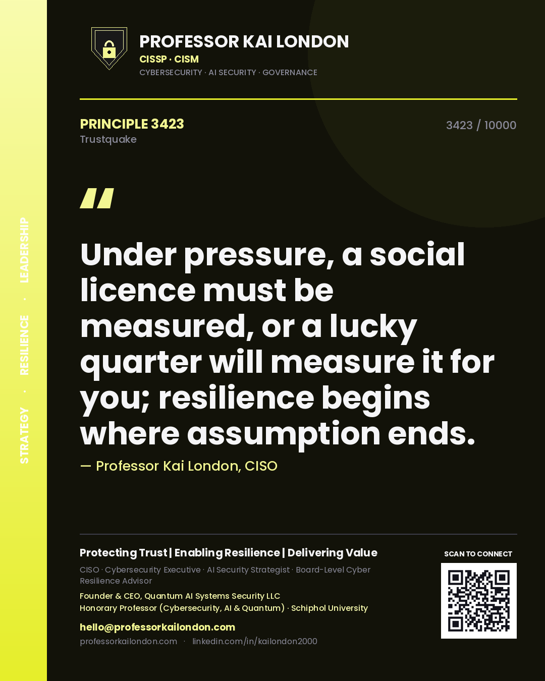Professor Kai London principle 3423: Under pressure, a social licence must be measured, or a lucky quarter will measure it for you; resilience begins where assumption ends.