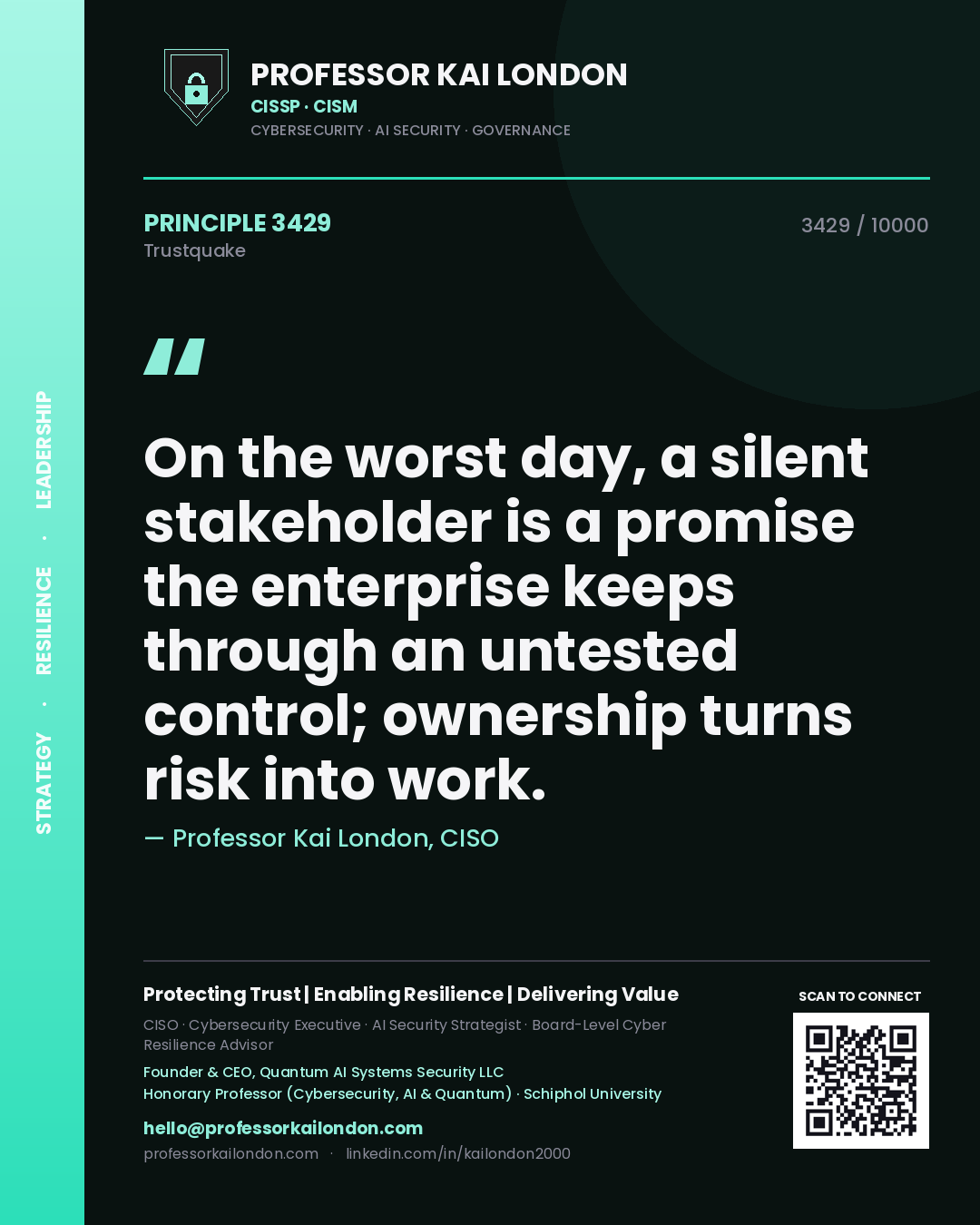 Professor Kai London principle 3429: On the worst day, a silent stakeholder is a promise the enterprise keeps through an untested control; ownership turns risk into work.