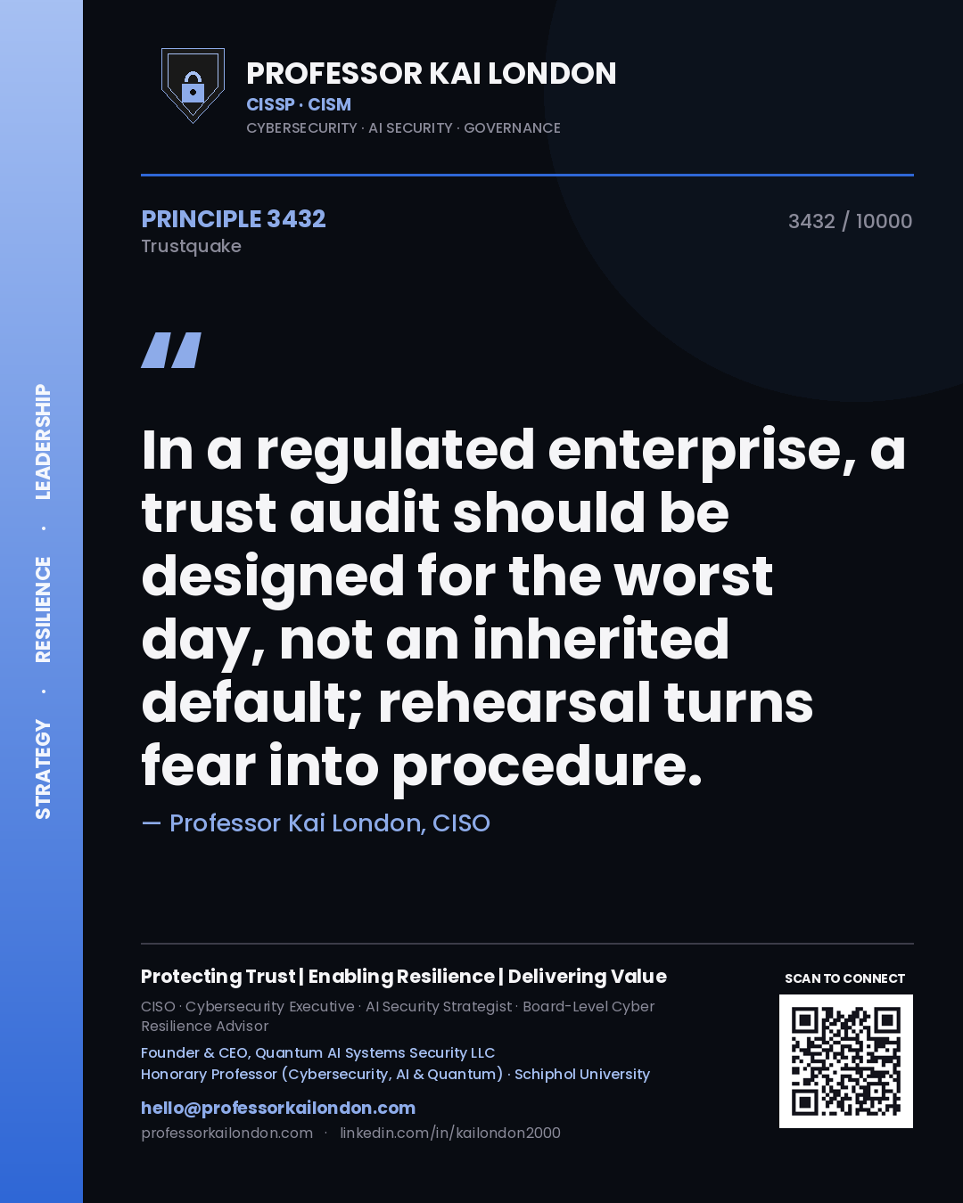 Quote card by Professor Kai London reading 'In a regulated enterprise, a trust audit should be designed for the worst day, not an inherited default; rehearsal turns fear into procedure.'. From the book Trustquake.