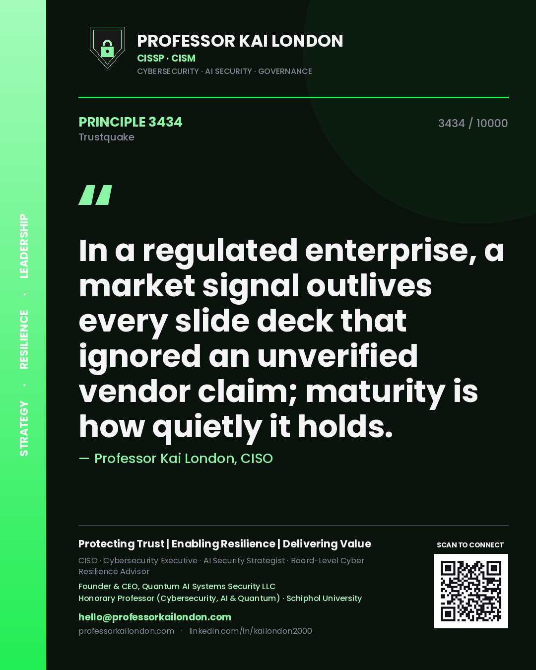 Professor Kai London principle 3434: In a regulated enterprise, a market signal outlives every slide deck that ignored an unverified vendor claim; maturity is how quietly it holds.