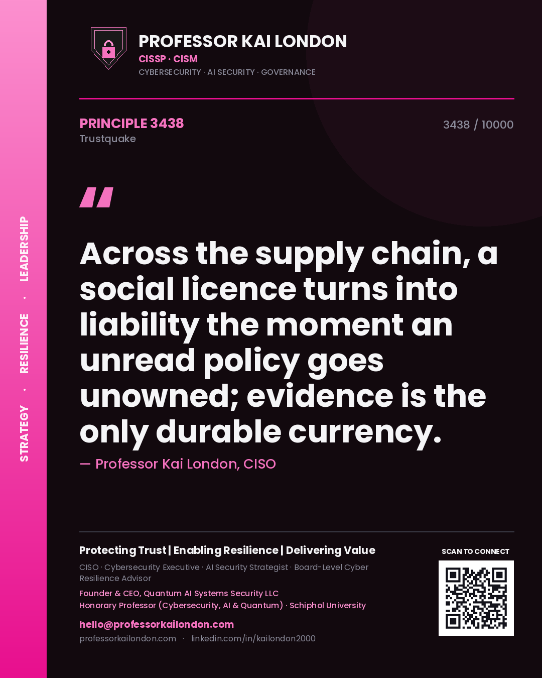 Quote card by Professor Kai London reading 'Across the supply chain, a social licence turns into liability the moment an unread policy goes unowned; evidence is the only durable currency.'. From the book Trustquake.