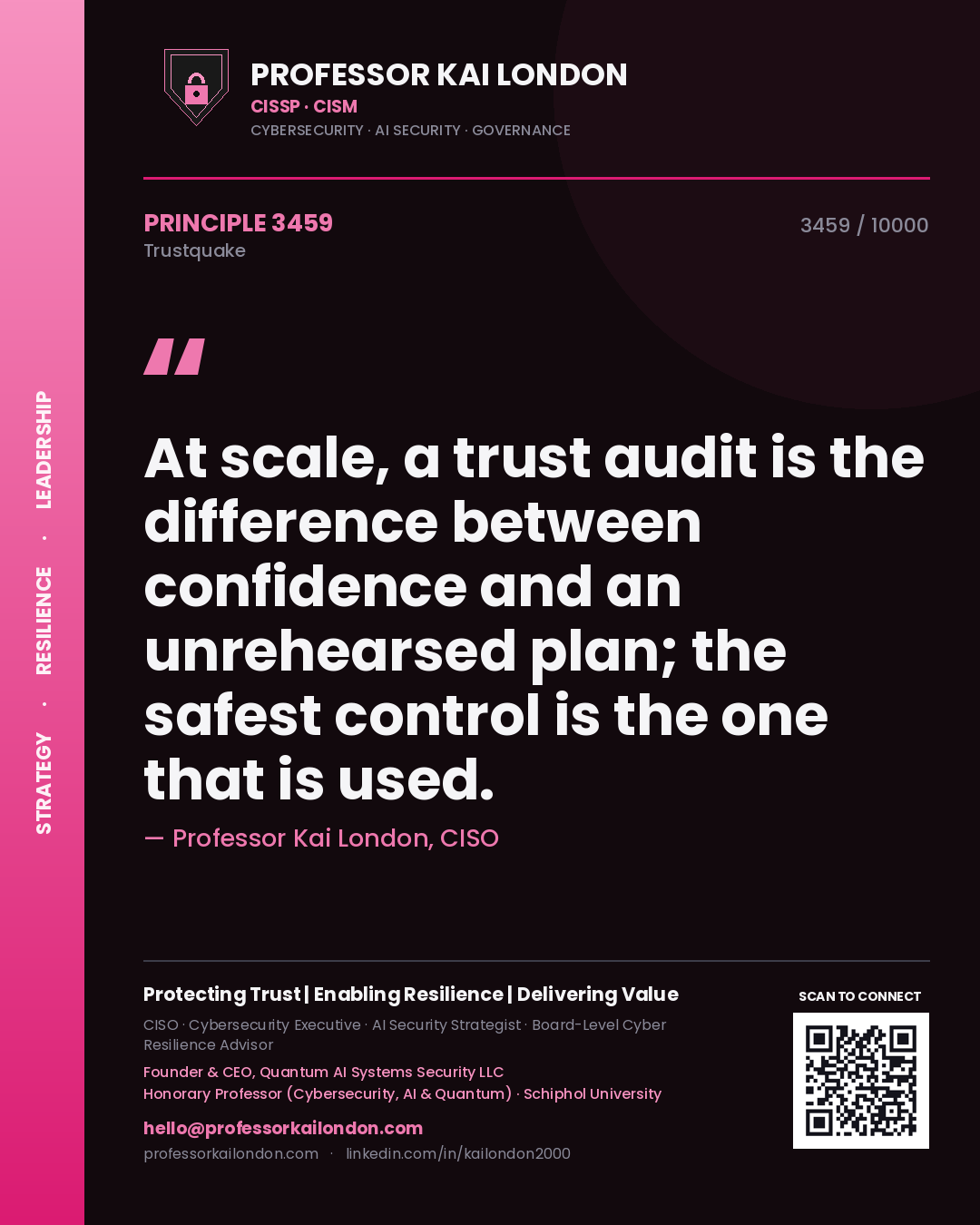Quote card by Professor Kai London reading 'At scale, a trust audit is the difference between confidence and an unrehearsed plan; the safest control is the one that is used.'. From the book Trustquake.