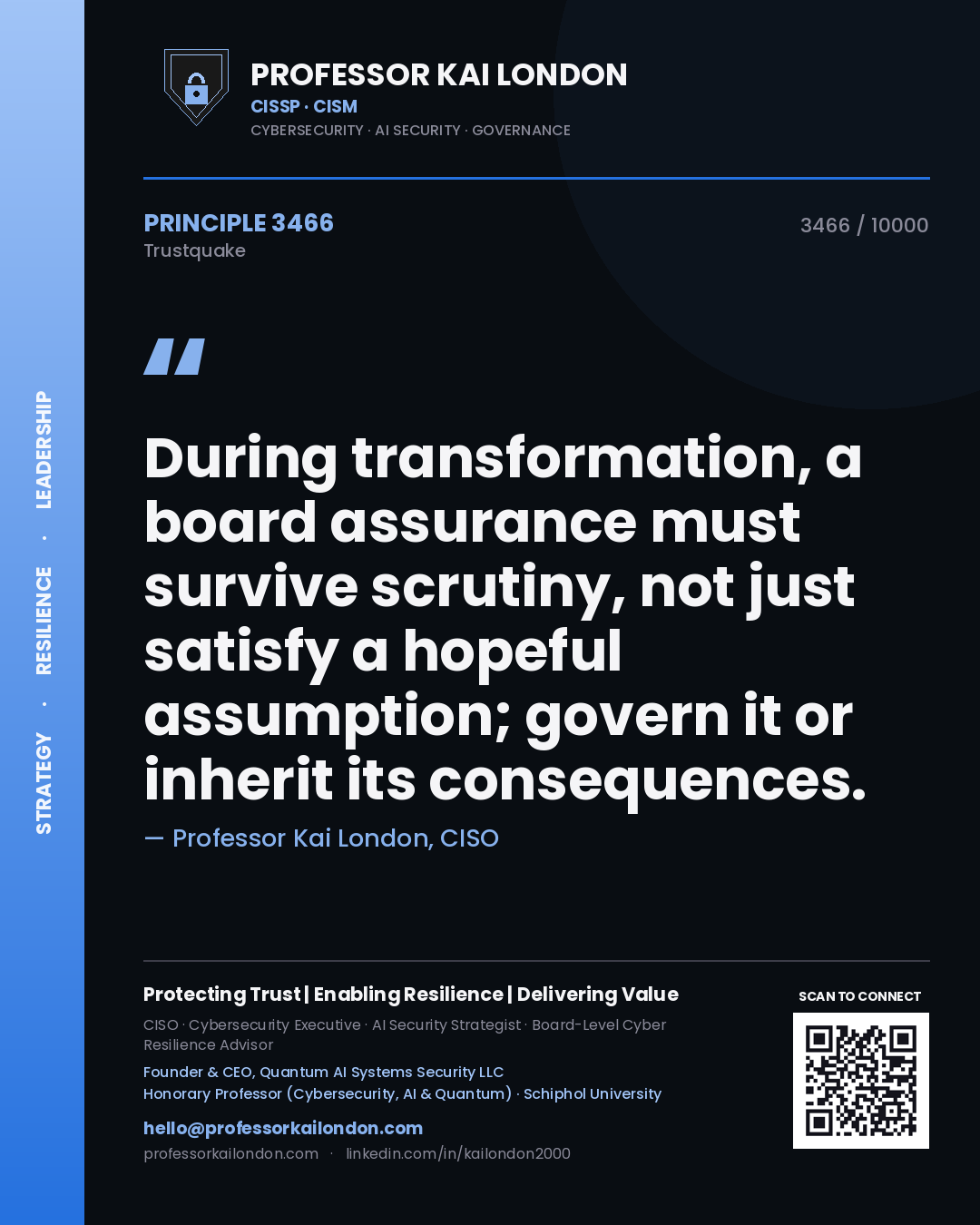 Quote card by Professor Kai London reading 'During transformation, a board assurance must survive scrutiny, not just satisfy a hopeful assumption; govern it or inherit its consequences.'. From the book Trustquake.