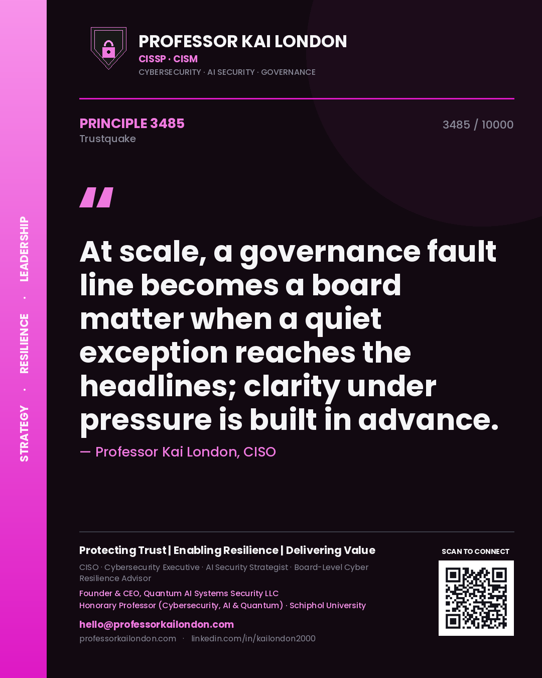 Quote card by Professor Kai London reading 'At scale, a governance fault line becomes a board matter when a quiet exception reaches the headlines; clarity under pressure is built in advance.'. From the book Trustquake.
