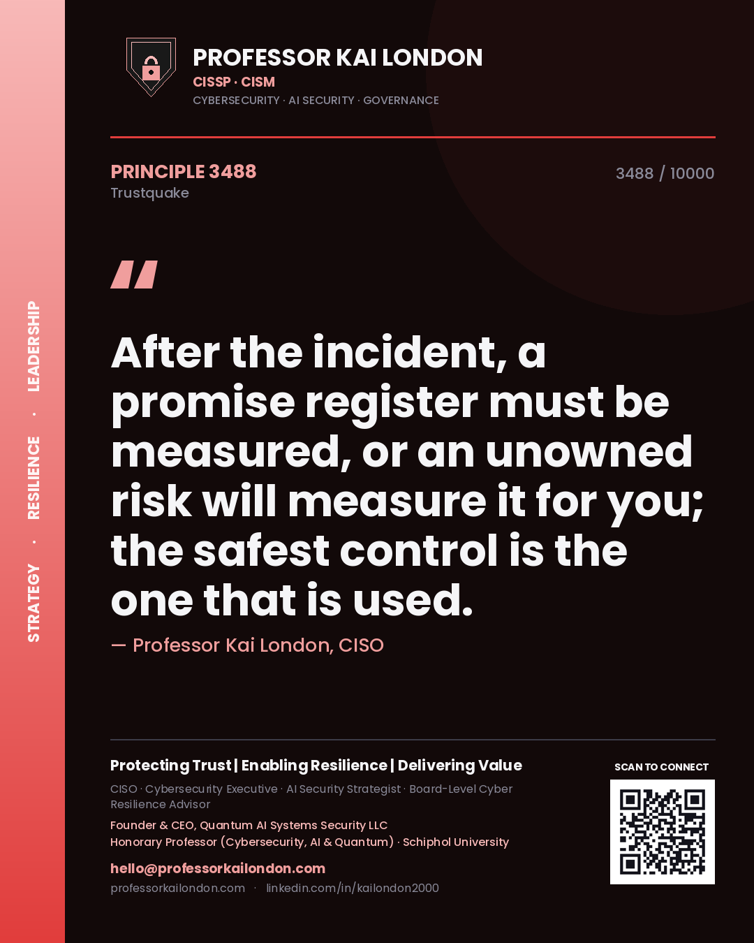 Professor Kai London principle 3488: After the incident, a promise register must be measured, or an unowned risk will measure it for you; the safest control is the one that is used.