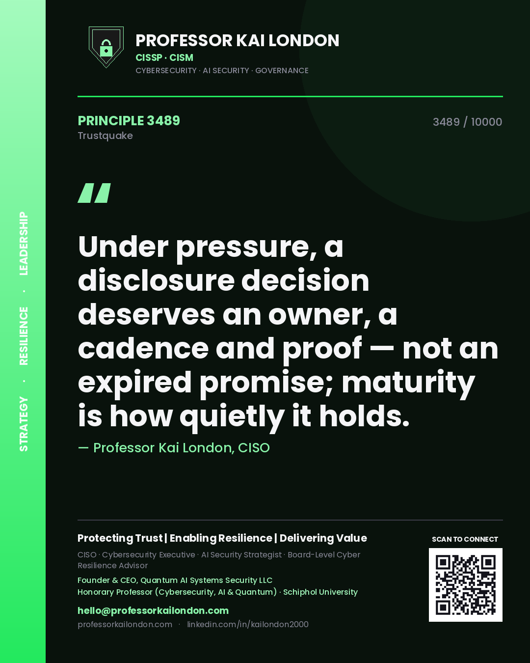 Quote card by Professor Kai London reading 'Under pressure, a disclosure decision deserves an owner, a cadence and proof — not an expired promise; maturity is how quietly it holds.'. From the book Trustquake.