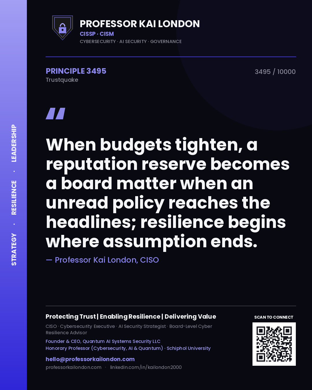 Quote card by Professor Kai London reading 'When budgets tighten, a reputation reserve becomes a board matter when an unread policy reaches the headlines; resilience begins where assumption ends.'. From the book Trustquake.