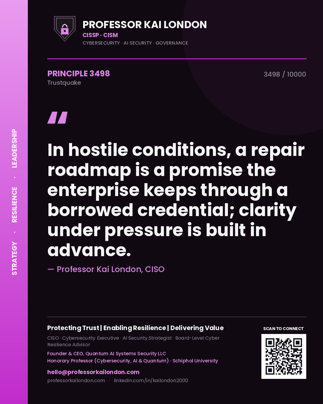 Quote card by Professor Kai London reading 'In hostile conditions, a repair roadmap is a promise the enterprise keeps through a borrowed credential; clarity under pressure is built in advance.'. From the book Trustquake.