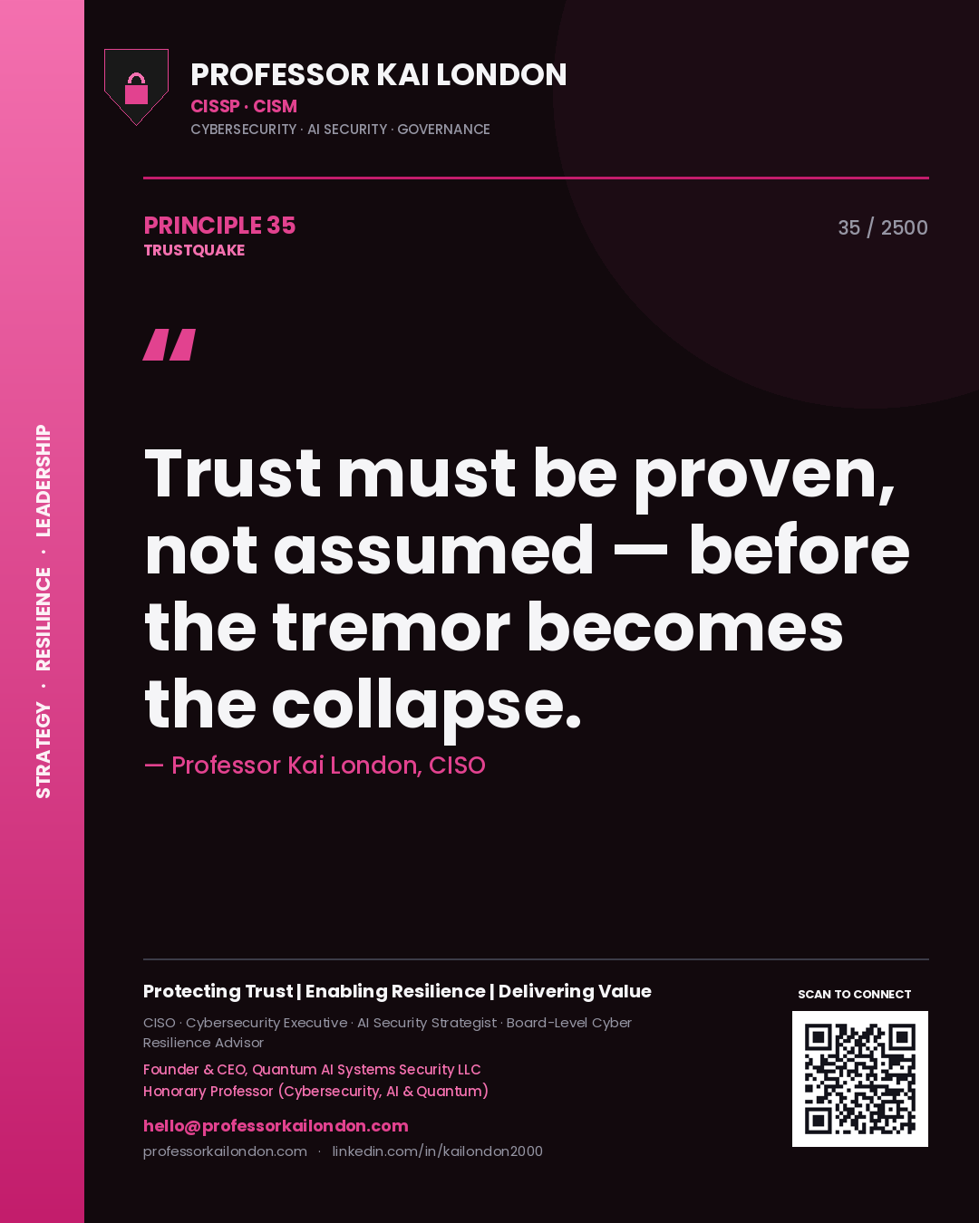 Quote card by Professor Kai London reading 'Trust must be proven, not assumed — before the tremor becomes the collapse.'. From the book Trustquake.