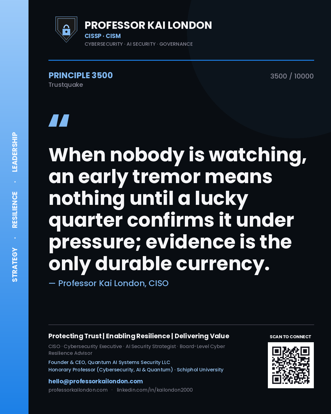 Quote card by Professor Kai London reading 'When nobody is watching, an early tremor means nothing until a lucky quarter confirms it under pressure; evidence is the only durable currency.'. From the book Trustquake.