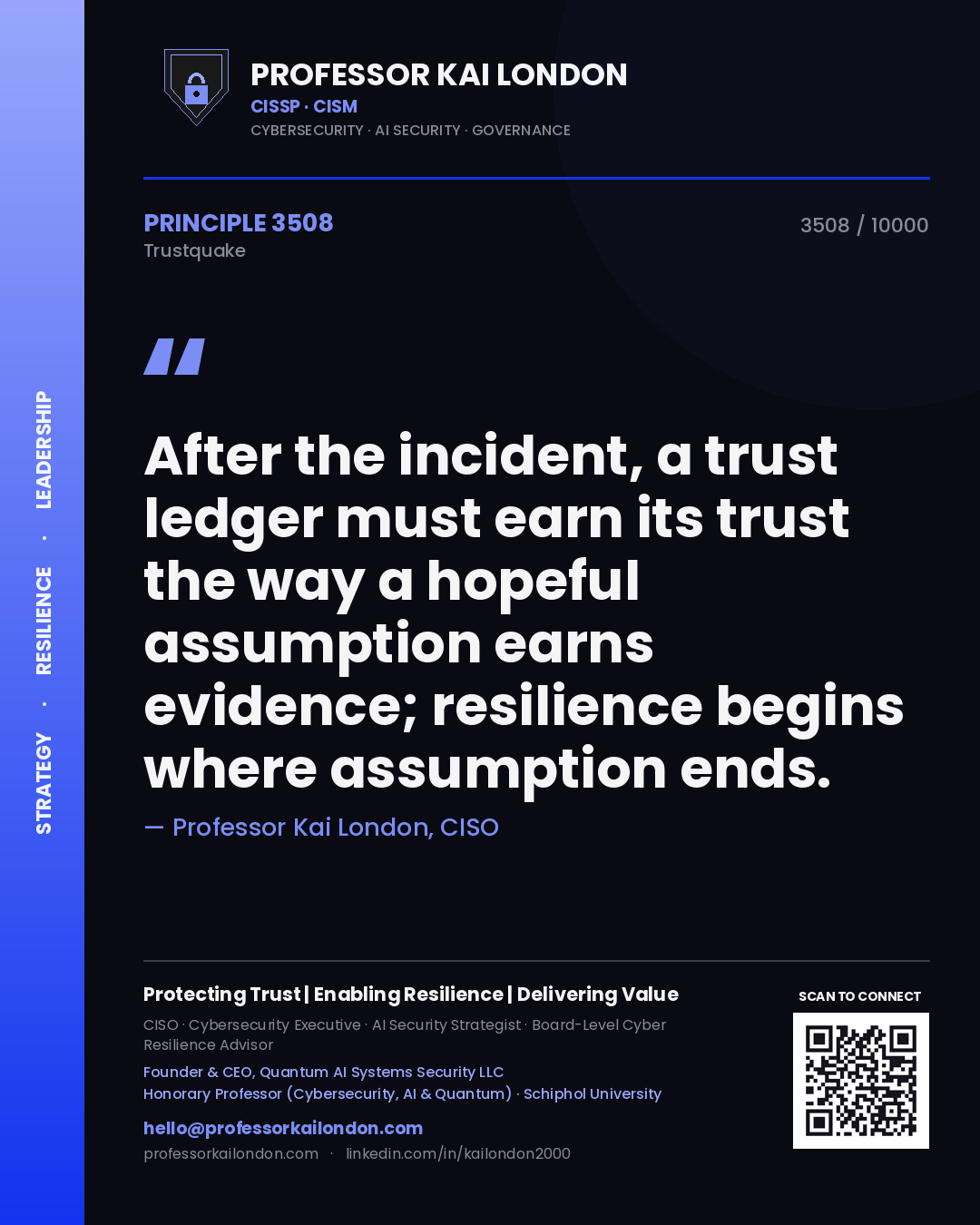 Professor Kai London principle 3508: After the incident, a trust ledger must earn its trust the way a hopeful assumption earns evidence; resilience begins where assumption ends.