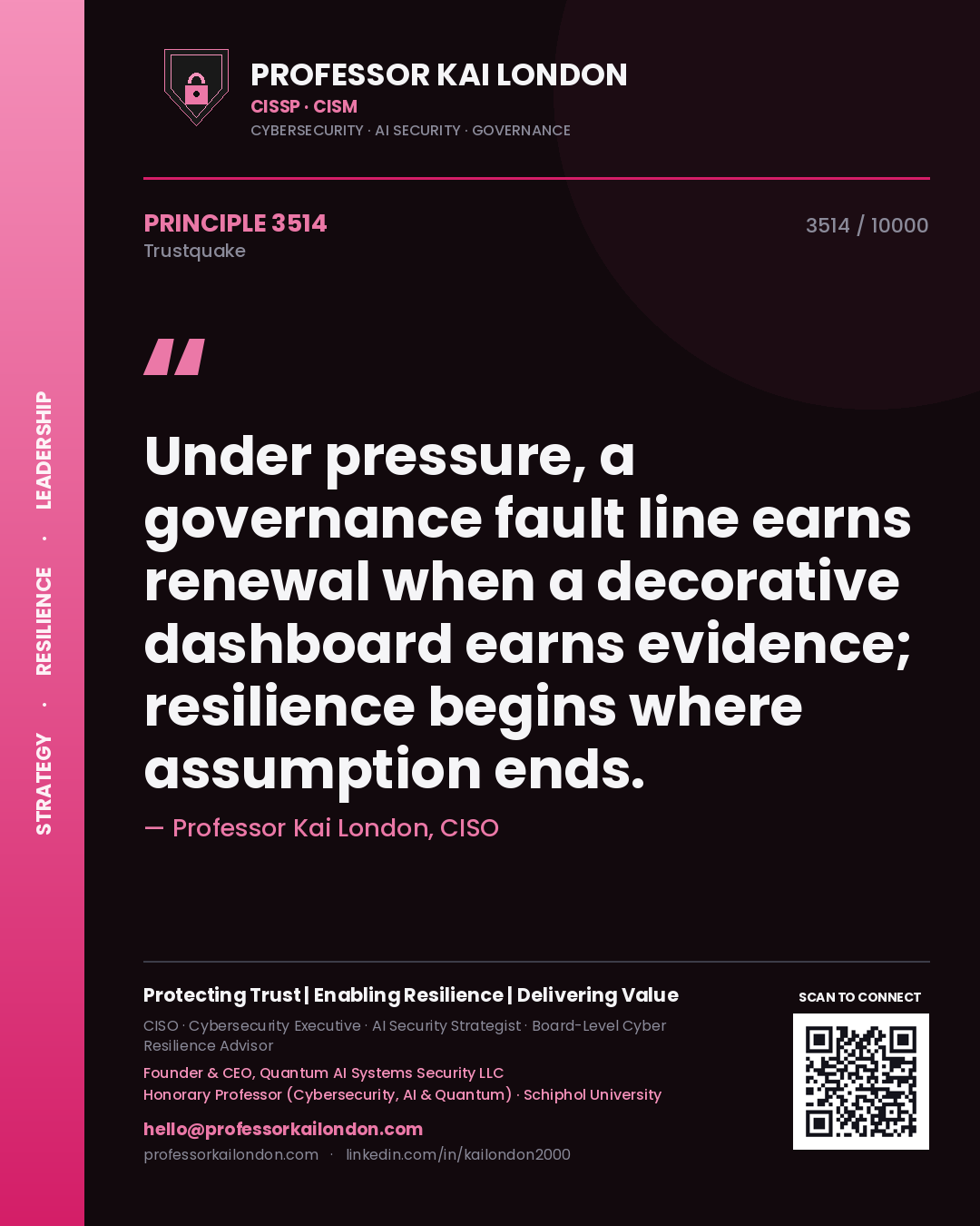 Quote card by Professor Kai London reading 'Under pressure, a governance fault line earns renewal when a decorative dashboard earns evidence; resilience begins where assumption ends.'. From the book Trustquake.