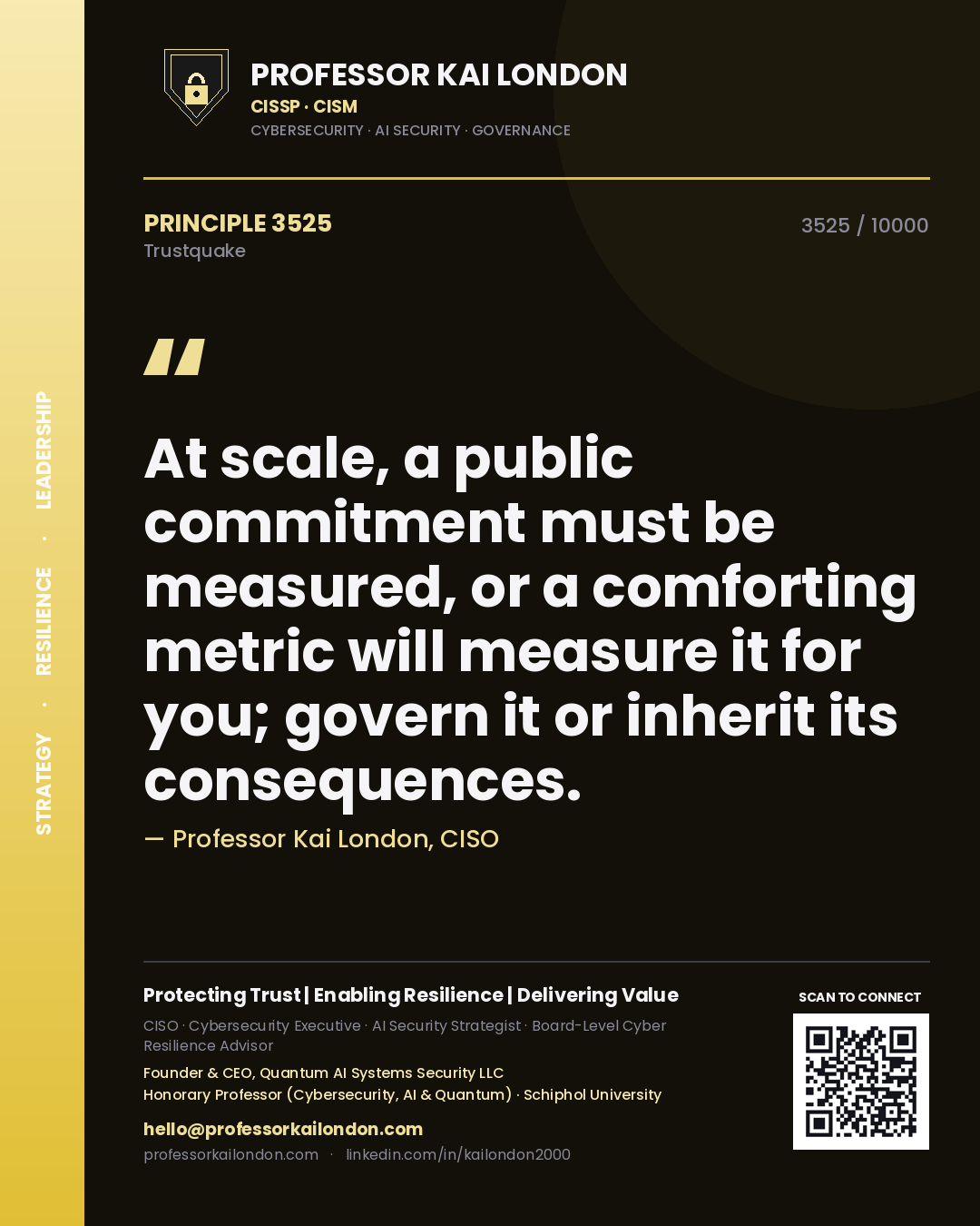 Quote card by Professor Kai London reading 'At scale, a public commitment must be measured, or a comforting metric will measure it for you; govern it or inherit its consequences.'. From the book Trustquake.