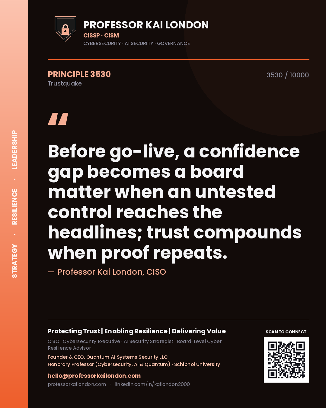 Quote card by Professor Kai London reading 'Before go-live, a confidence gap becomes a board matter when an untested control reaches the headlines; trust compounds when proof repeats.'. From the book Trustquake.