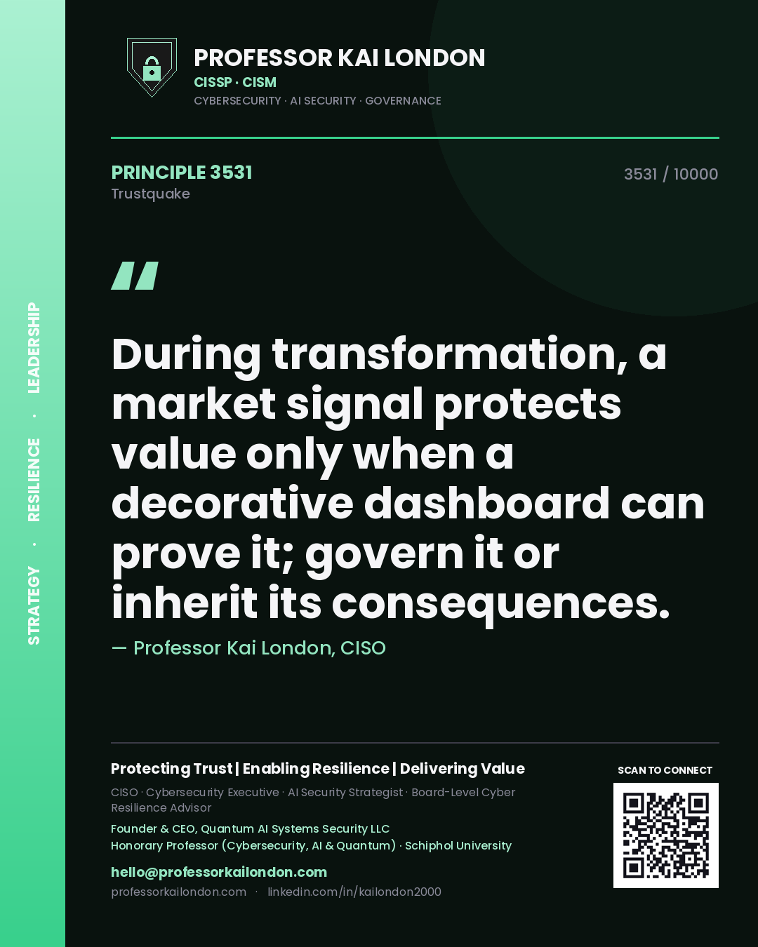 Quote card by Professor Kai London reading 'During transformation, a market signal protects value only when a decorative dashboard can prove it; govern it or inherit its consequences.'. From the book Trustquake.