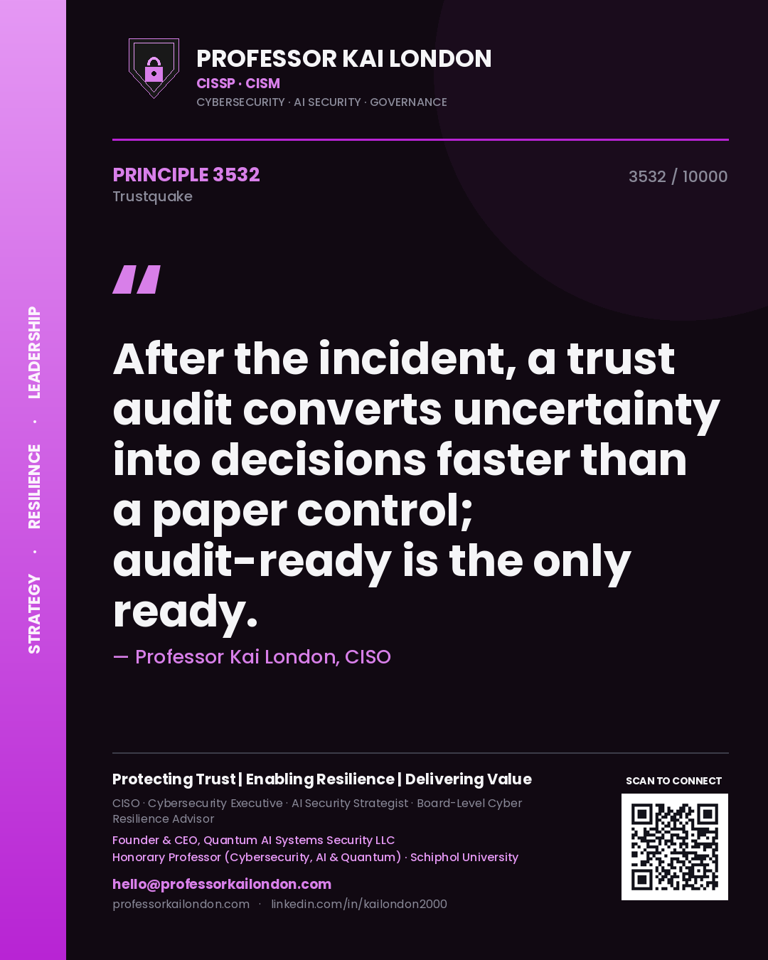 Quote card by Professor Kai London reading 'After the incident, a trust audit converts uncertainty into decisions faster than a paper control; audit-ready is the only ready.'. From the book Trustquake.