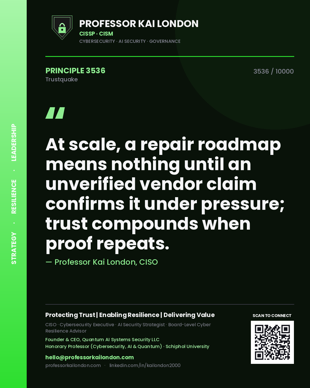 Quote card by Professor Kai London reading 'At scale, a repair roadmap means nothing until an unverified vendor claim confirms it under pressure; trust compounds when proof repeats.'. From the book Trustquake.