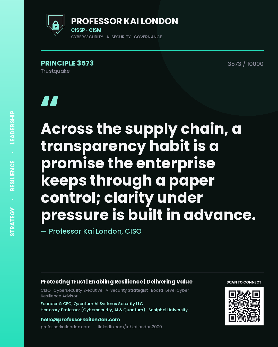 Quote card by Professor Kai London reading 'Across the supply chain, a transparency habit is a promise the enterprise keeps through a paper control; clarity under pressure is built in advance.'. From the book Trustquake.
