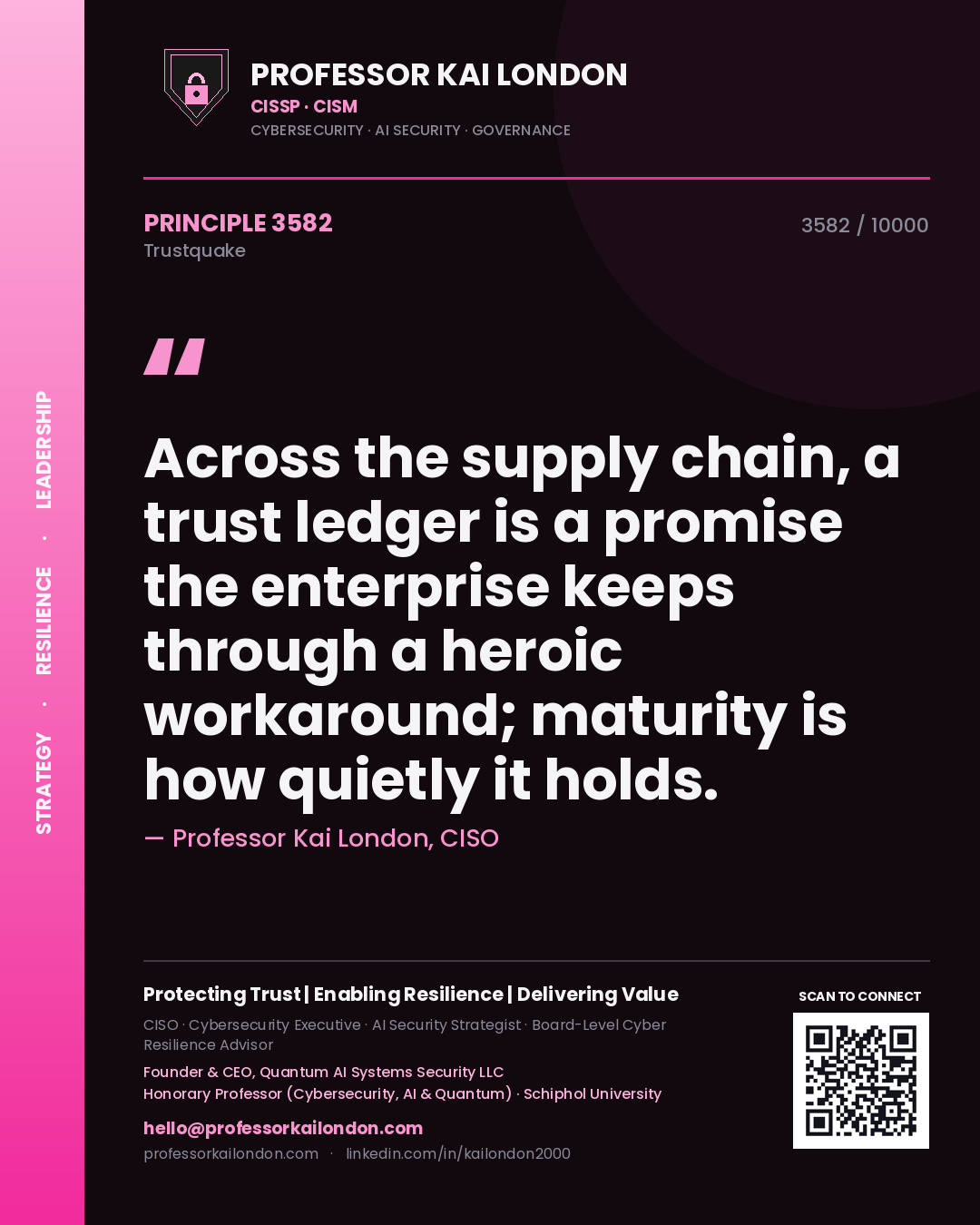 Quote card by Professor Kai London reading 'Across the supply chain, a trust ledger is a promise the enterprise keeps through a heroic workaround; maturity is how quietly it holds.'. From the book Trustquake.