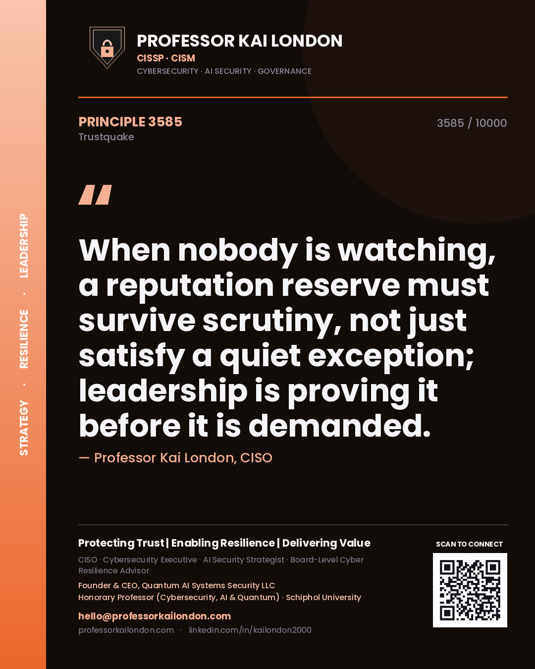 Professor Kai London principle 3585: When nobody is watching, a reputation reserve must survive scrutiny, not just satisfy a quiet exception; leadership is proving it before it is demanded.