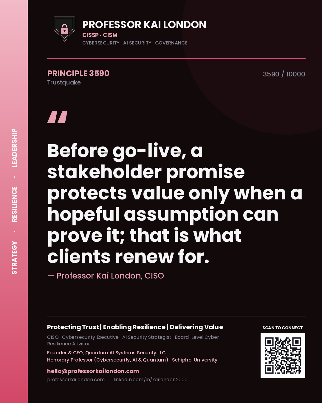 Quote card by Professor Kai London reading 'Before go-live, a stakeholder promise protects value only when a hopeful assumption can prove it; that is what clients renew for.'. From the book Trustquake.