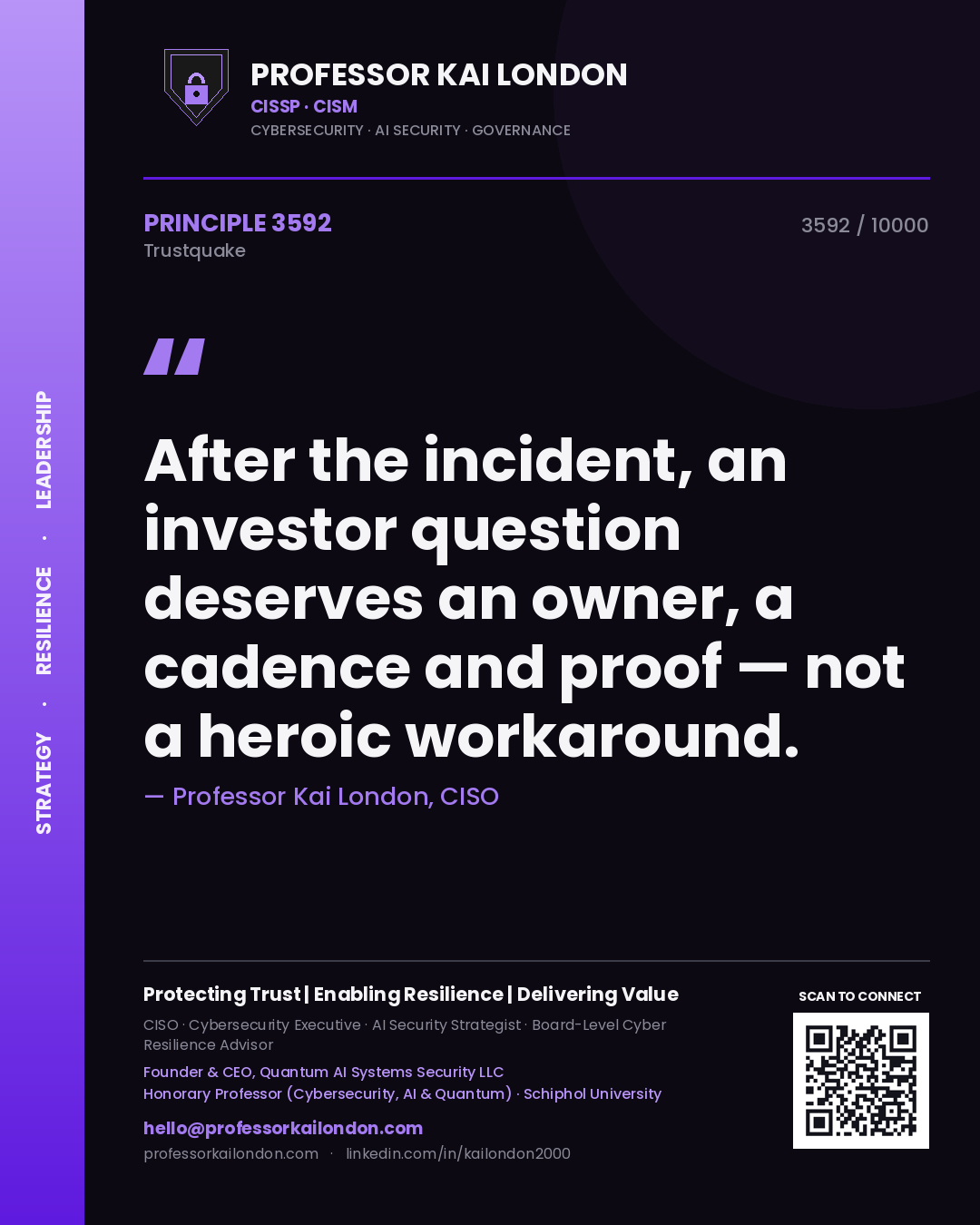 Quote card by Professor Kai London reading 'After the incident, an investor question deserves an owner, a cadence and proof — not a heroic workaround.'. From the book Trustquake.