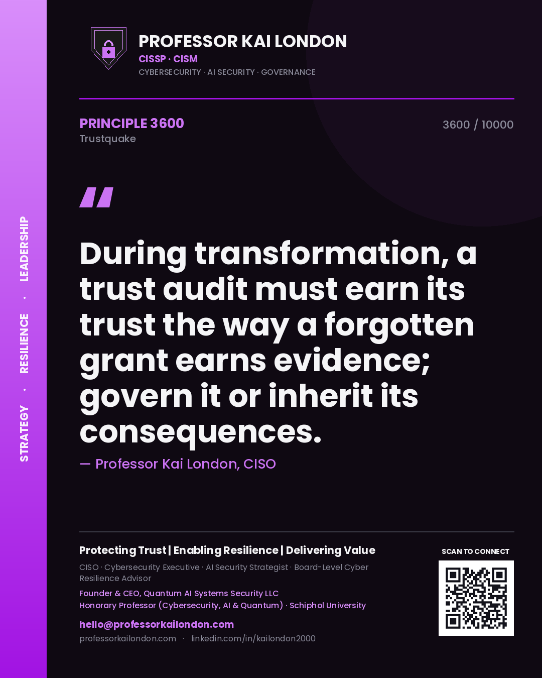 Quote card by Professor Kai London reading 'During transformation, a trust audit must earn its trust the way a forgotten grant earns evidence; govern it or inherit its consequences.'. From the book Trustquake.