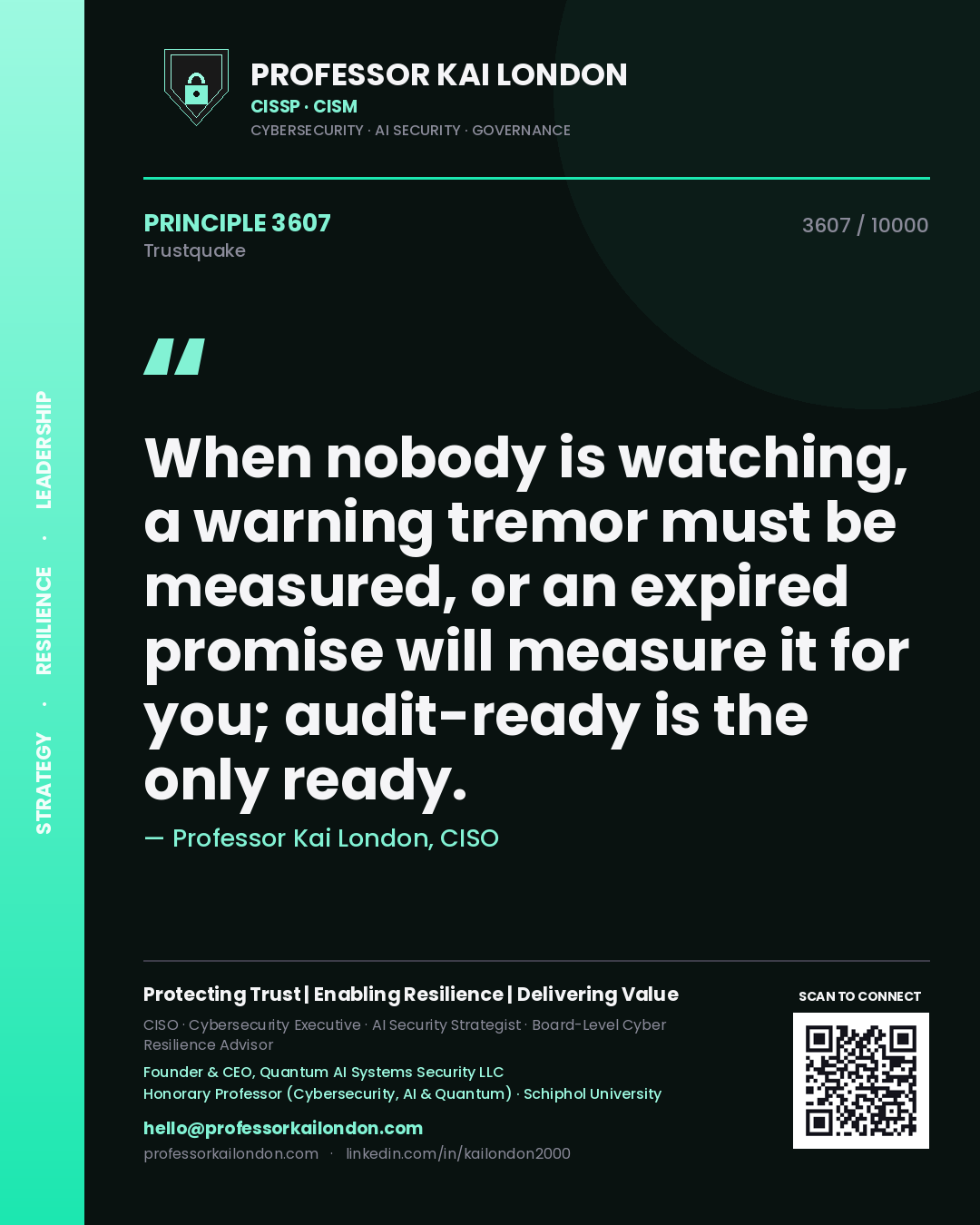 Professor Kai London principle 3607: When nobody is watching, a warning tremor must be measured, or an expired promise will measure it for you; audit-ready is the only ready.
