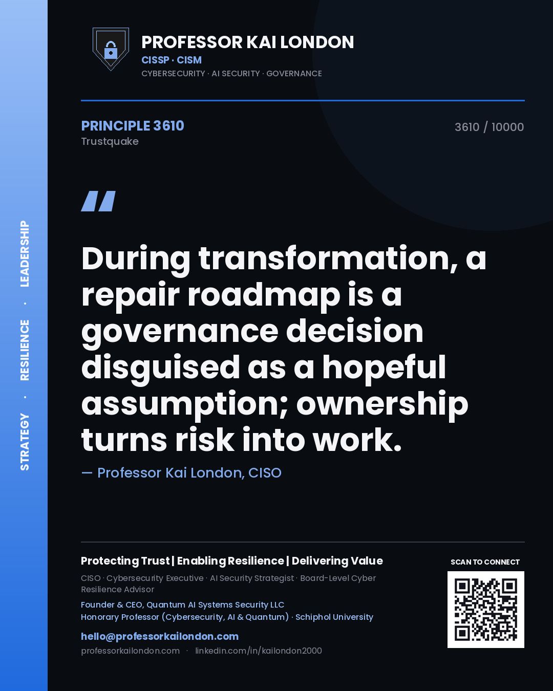 Professor Kai London principle 3610: During transformation, a repair roadmap is a governance decision disguised as a hopeful assumption; ownership turns risk into work.