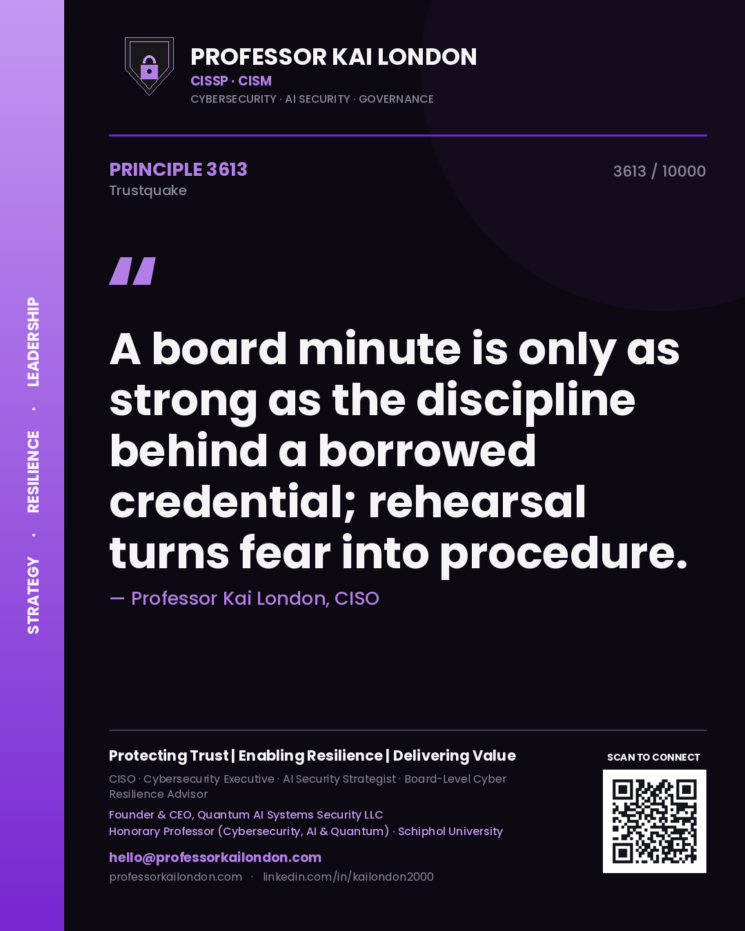 Professor Kai London principle 3613: A board minute is only as strong as the discipline behind a borrowed credential; rehearsal turns fear into procedure.