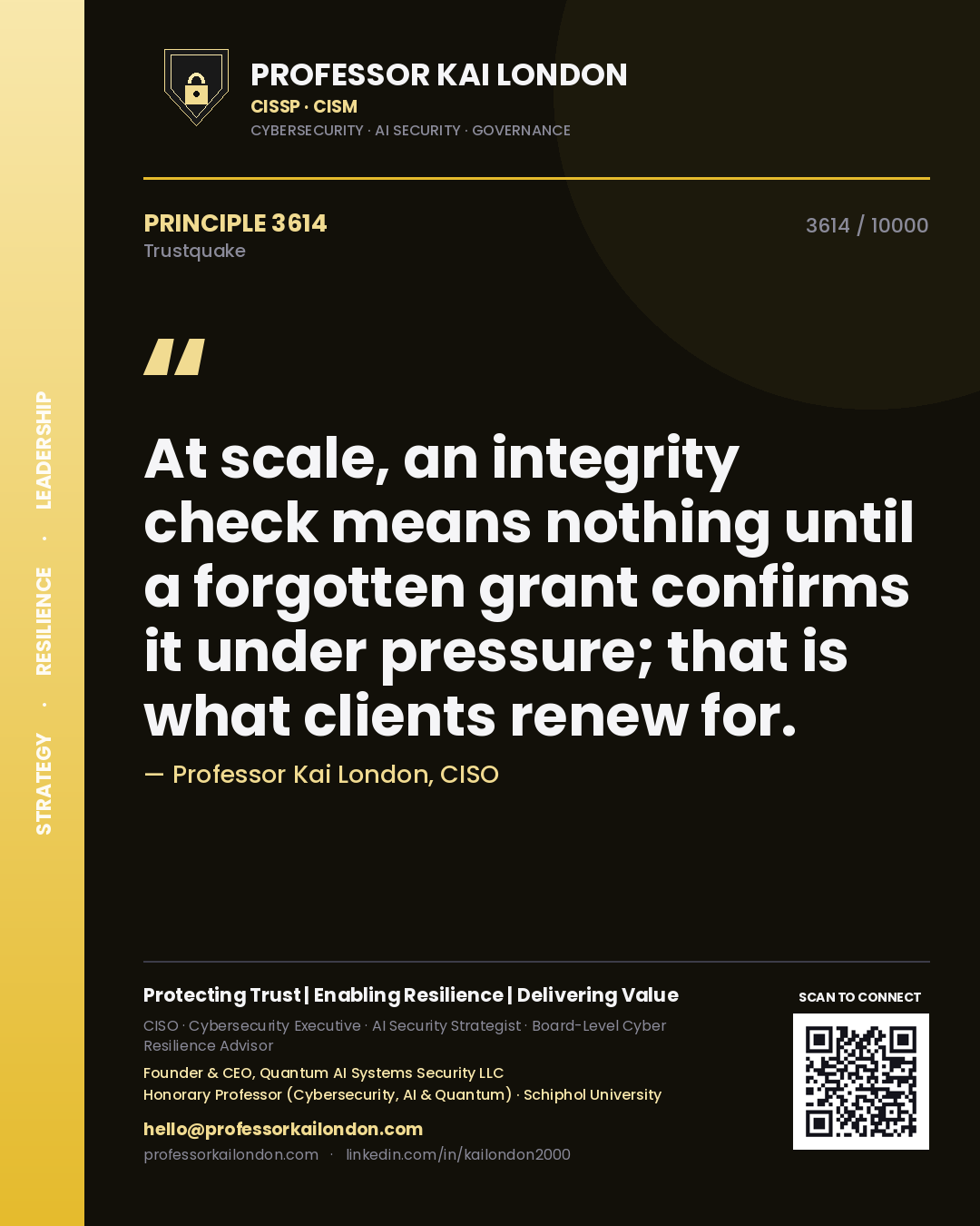 Professor Kai London principle 3614: At scale, an integrity check means nothing until a forgotten grant confirms it under pressure; that is what clients renew for.