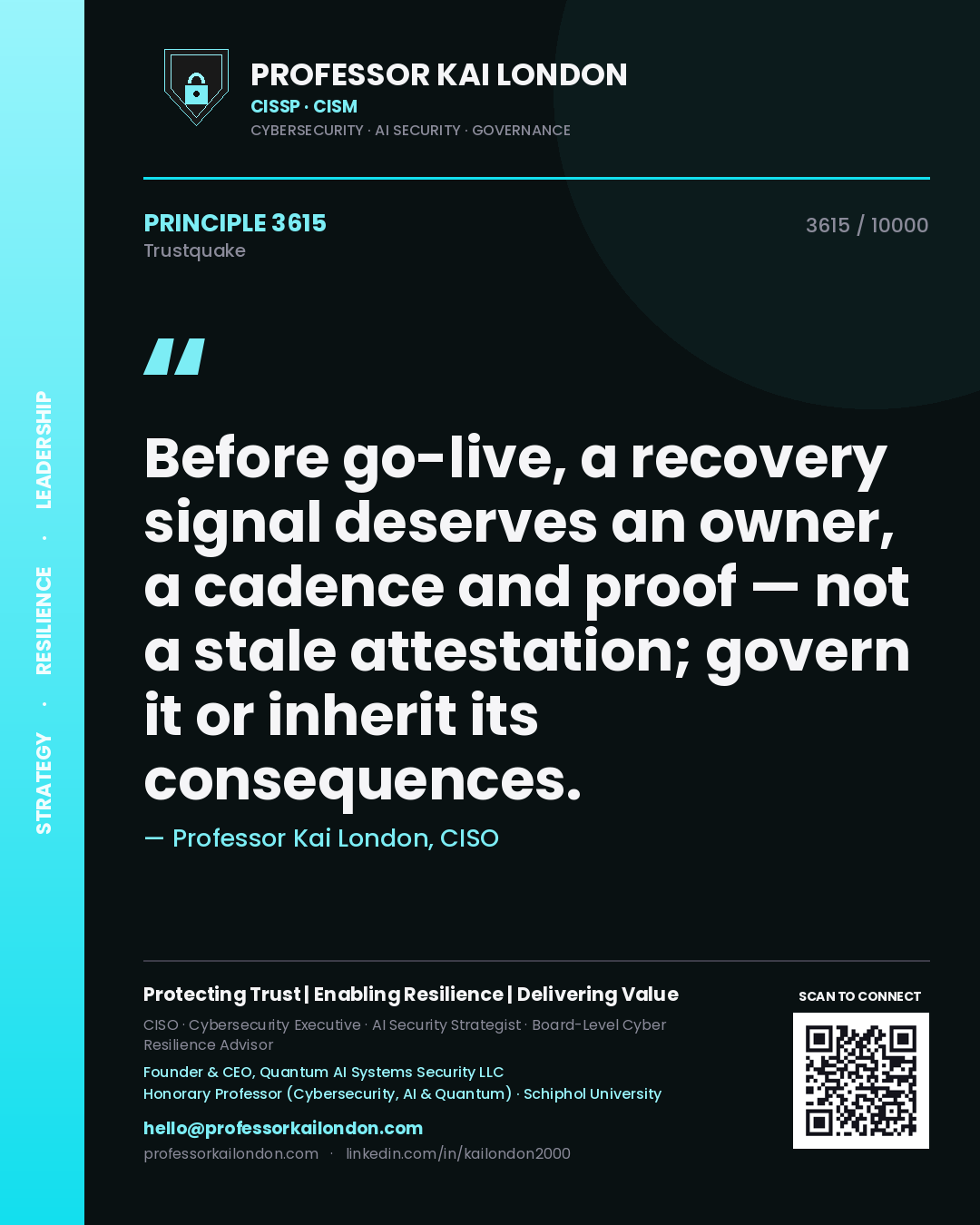 Professor Kai London principle 3615: Before go-live, a recovery signal deserves an owner, a cadence and proof — not a stale attestation; govern it or inherit its consequences.