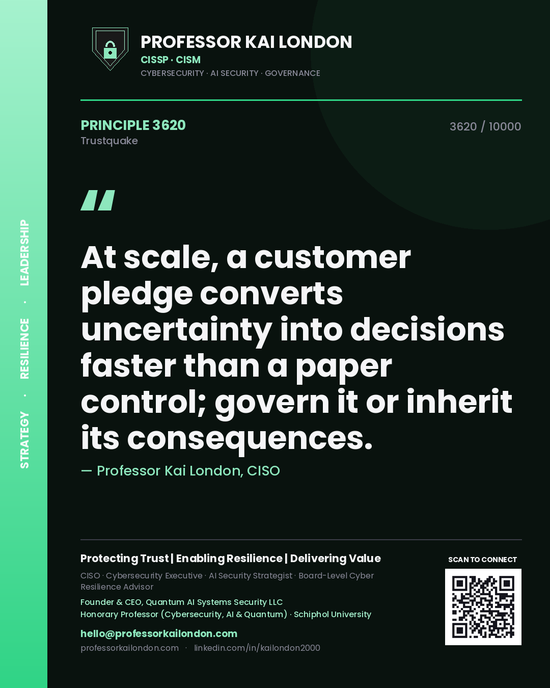 Quote card by Professor Kai London reading 'At scale, a customer pledge converts uncertainty into decisions faster than a paper control; govern it or inherit its consequences.'. From the book Trustquake.