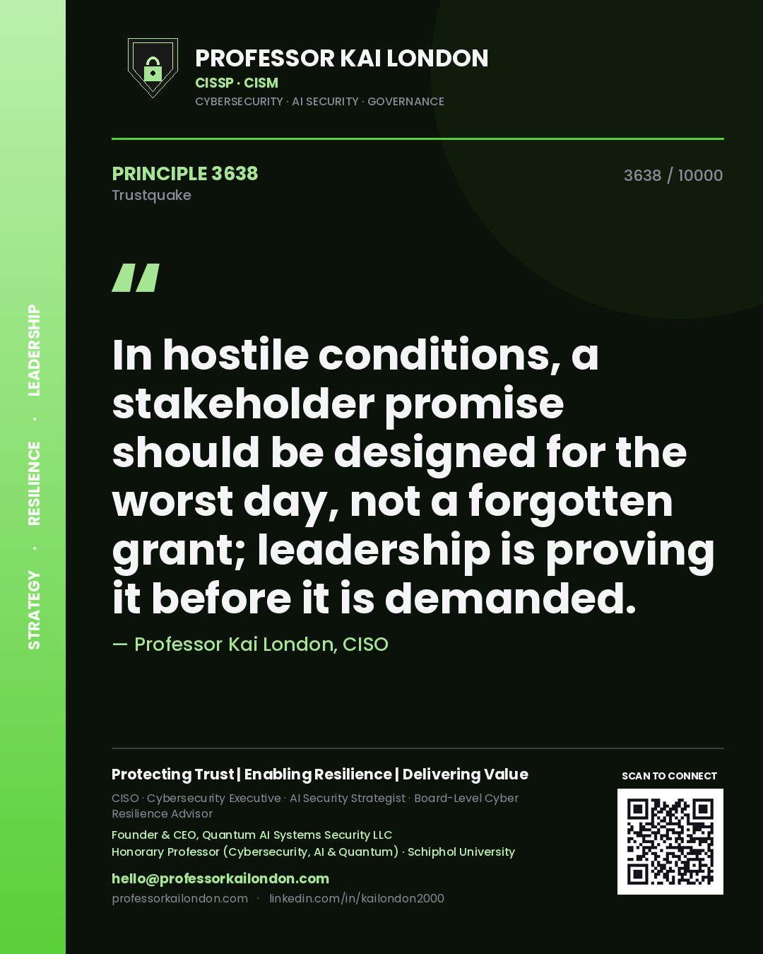 Quote card by Professor Kai London reading 'In hostile conditions, a stakeholder promise should be designed for the worst day, not a forgotten grant; leadership is proving it before it is demanded.'. From the book Trustquake.