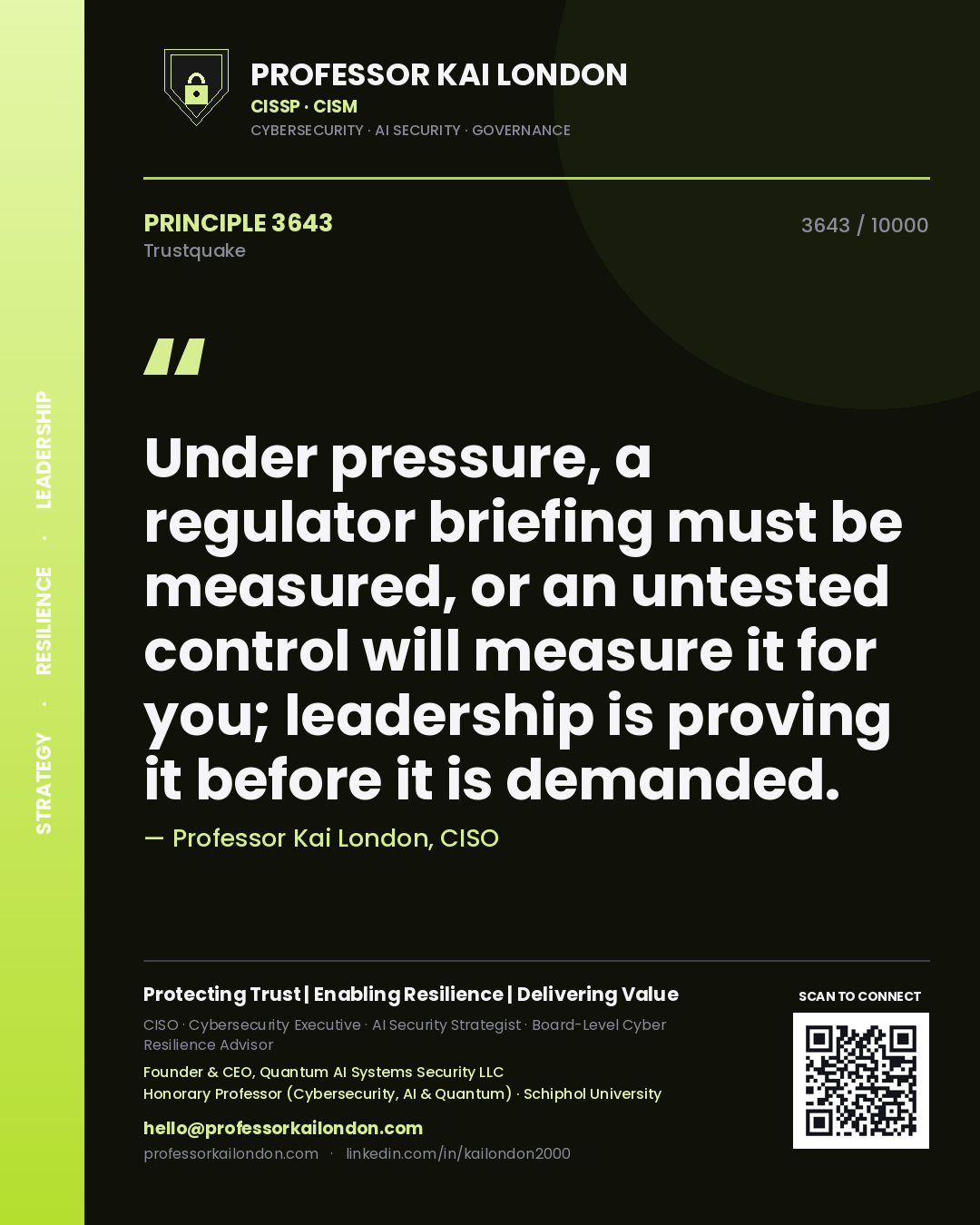 Professor Kai London principle 3643: Under pressure, a regulator briefing must be measured, or an untested control will measure it for you; leadership is proving it before it is demanded.