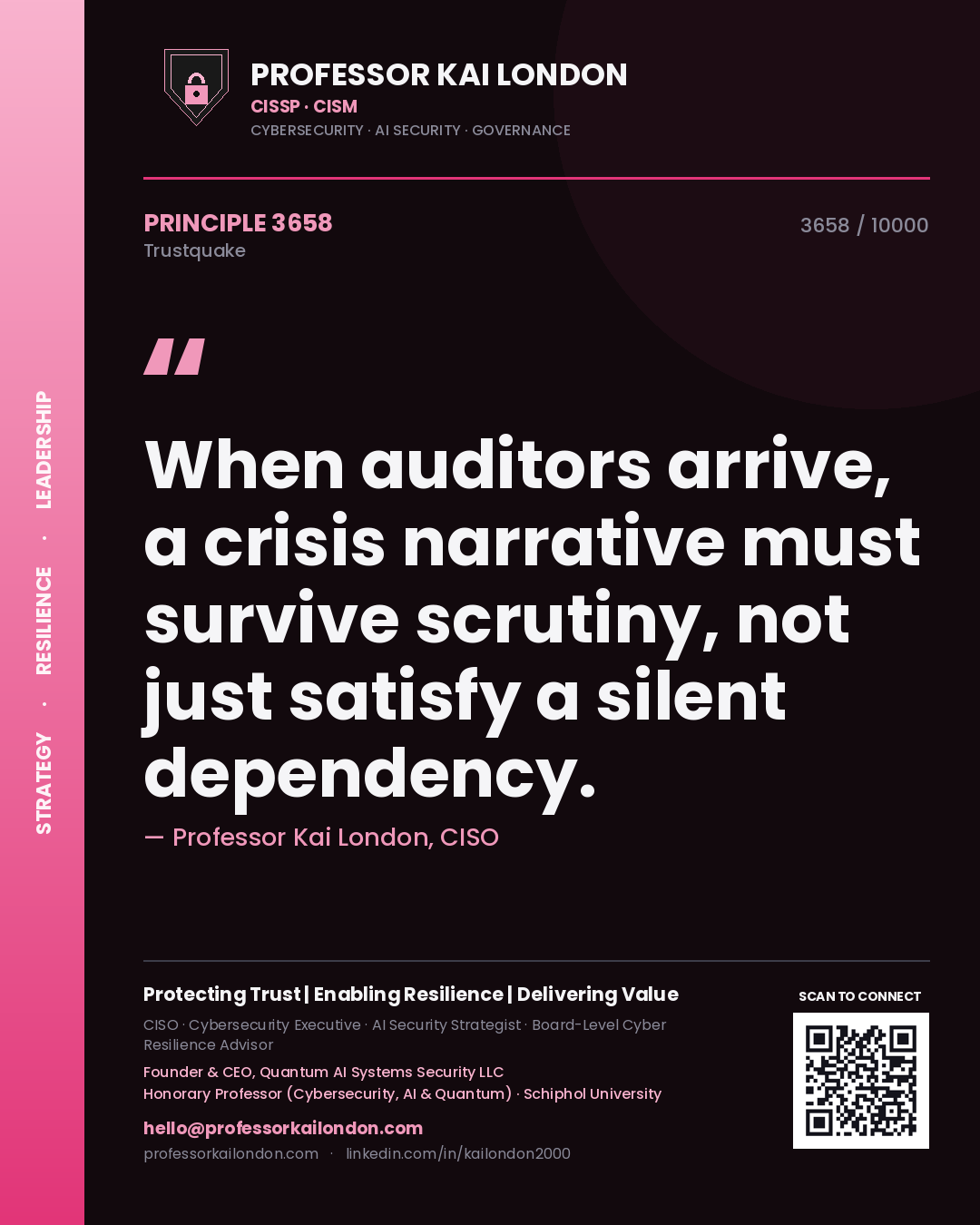 Professor Kai London principle 3658: When auditors arrive, a crisis narrative must survive scrutiny, not just satisfy a silent dependency.