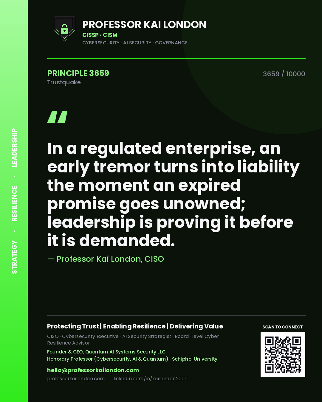 Quote card by Professor Kai London reading 'In a regulated enterprise, an early tremor turns into liability the moment an expired promise goes unowned; leadership is proving it before it is demanded.'. From the book Trustquake.